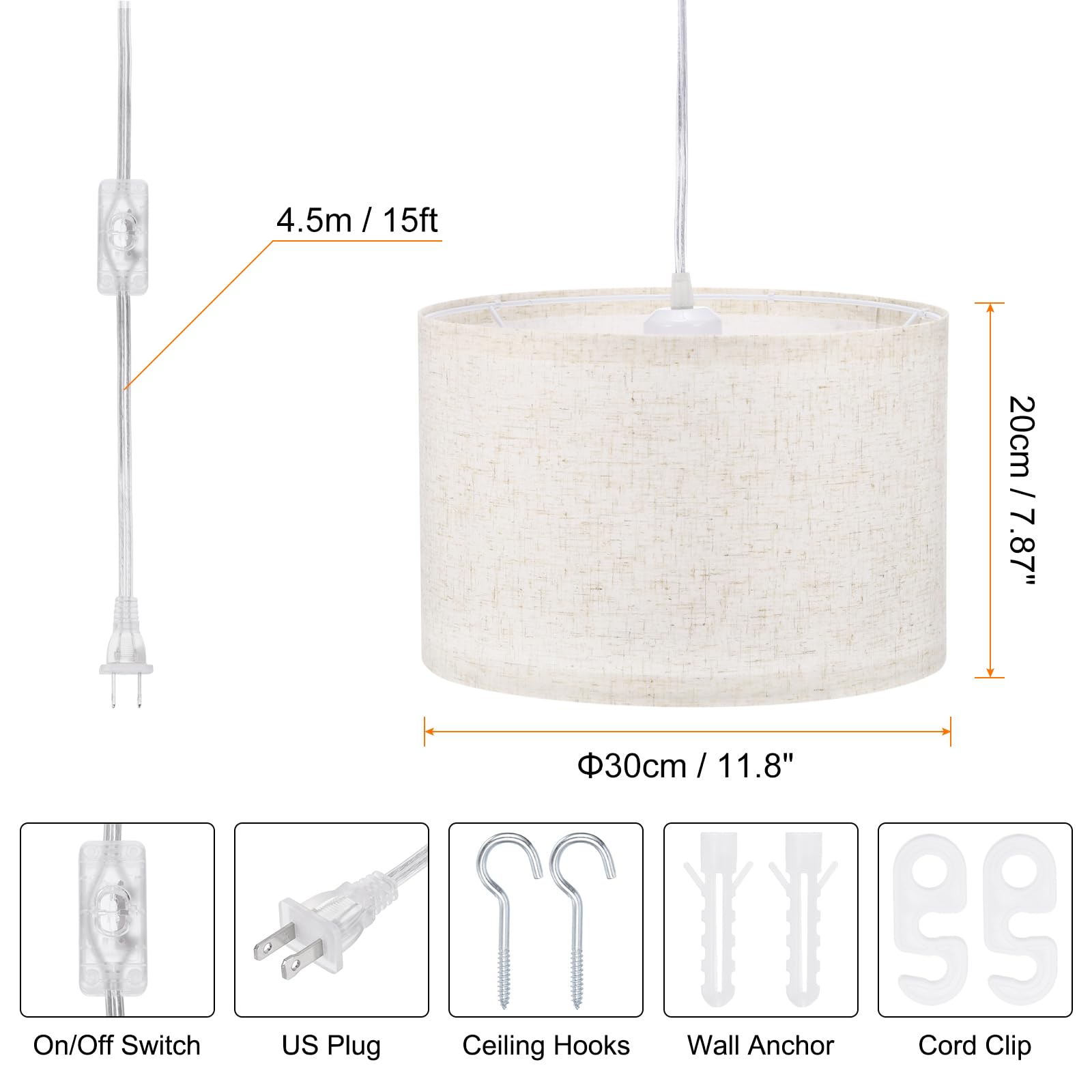 Patikil Plug In Pendant Light, 15Ft Rope Cord Hanging Lamp Fixture With On/Off Switch, Linen Fabric Shade E26/E27 Bulb Socket For Bedroom Kitchen Living Room, Beige