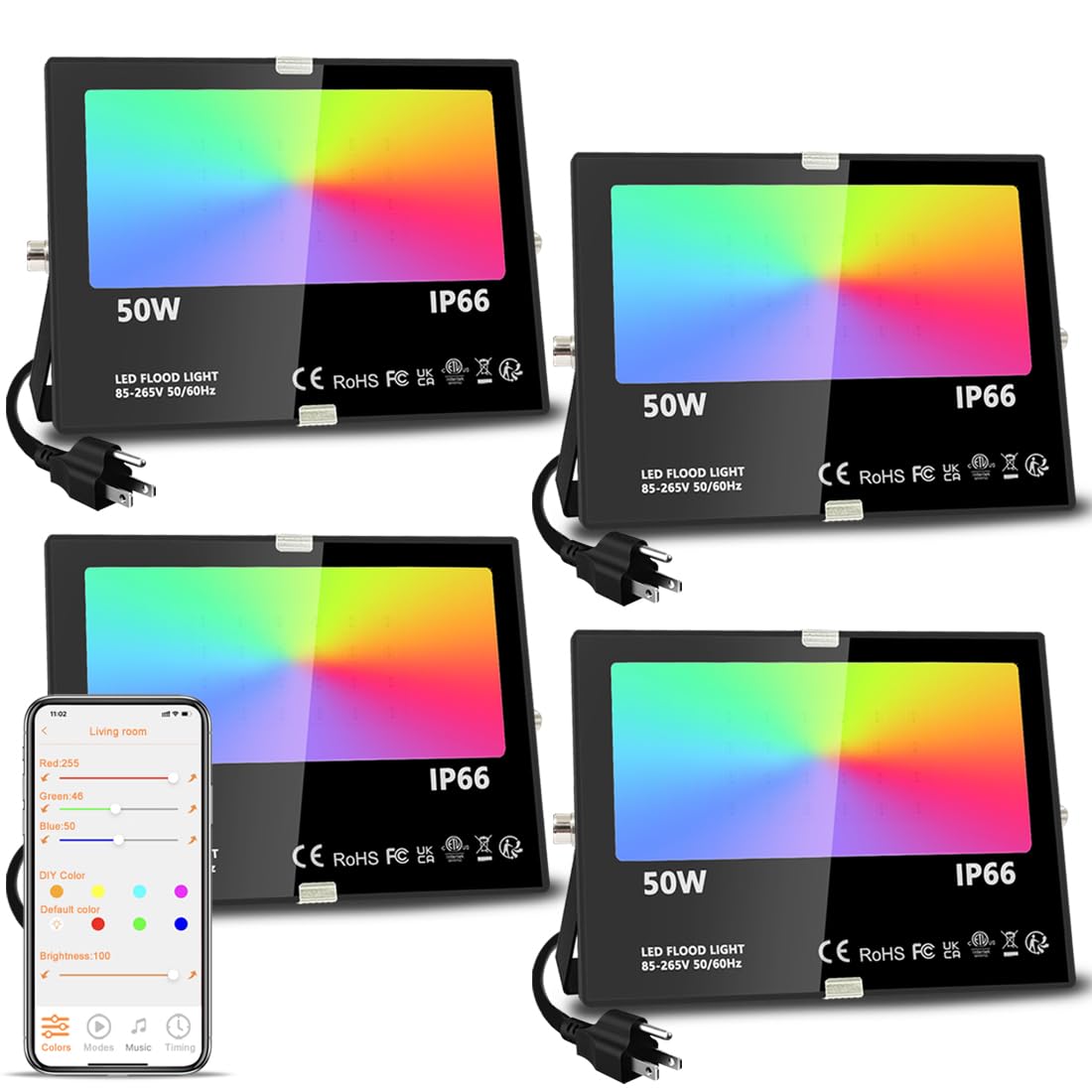 MELPO LED Flood Light Outdoor, 500W, 5000LM, Smart RGB, IP66 Waterproof, 4 Pack, Black, Model BLFL-LFBA