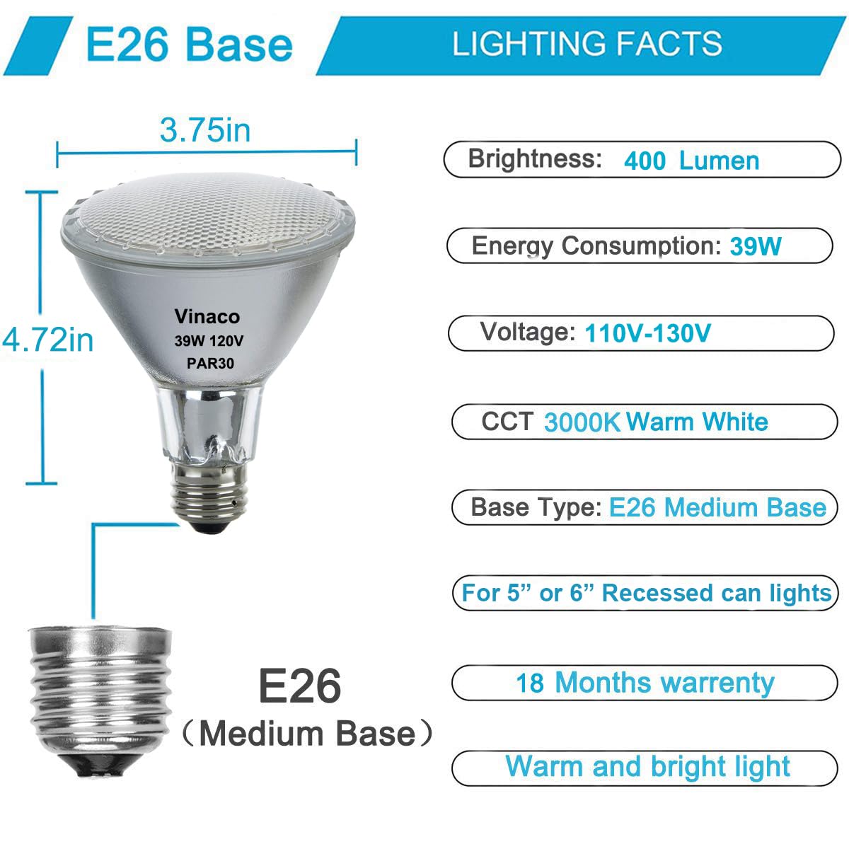 Vinaco PAR30 Long Neck Halogen Bulbs 39W 120V, 6 Pack, Dimmable, 500LM, Warm White 2800K, Clear Glass