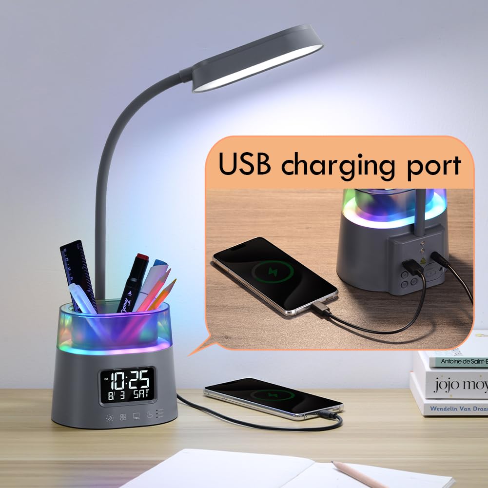 Wilit Led Desk Lamp For College Dorm Room Essentials, Students Study Lamp With Charging Station, Pen Holder, Clock & Rgb Night L