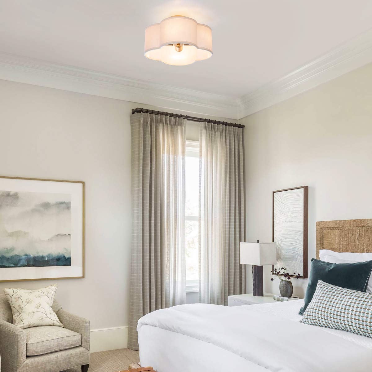 Viluxy Modern Flush Mount Ceiling Light Fixture Farmhouse White Fabric Semi Ceiling Lamps With Gold 4 Lights Drum Shade For Bedr