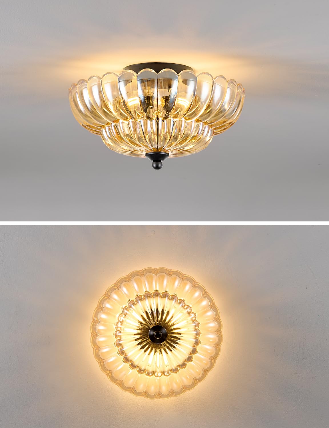 SIJINCHEN Semi Flush Mount Ceiling Light - 3-Bulb Amber Glass Fixture for Bedroom, Kitchen, Living Room, 11.8 Inch, Vintage Style