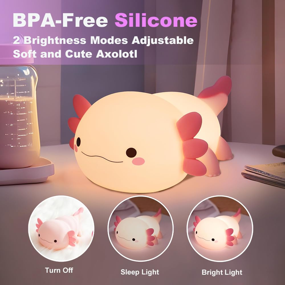 Cute Axolotl Night Light For Kids Bedroom, Animal Silicone Nursery Night Lamp Touch Control Nightlights Usb Rechargeable Bedside