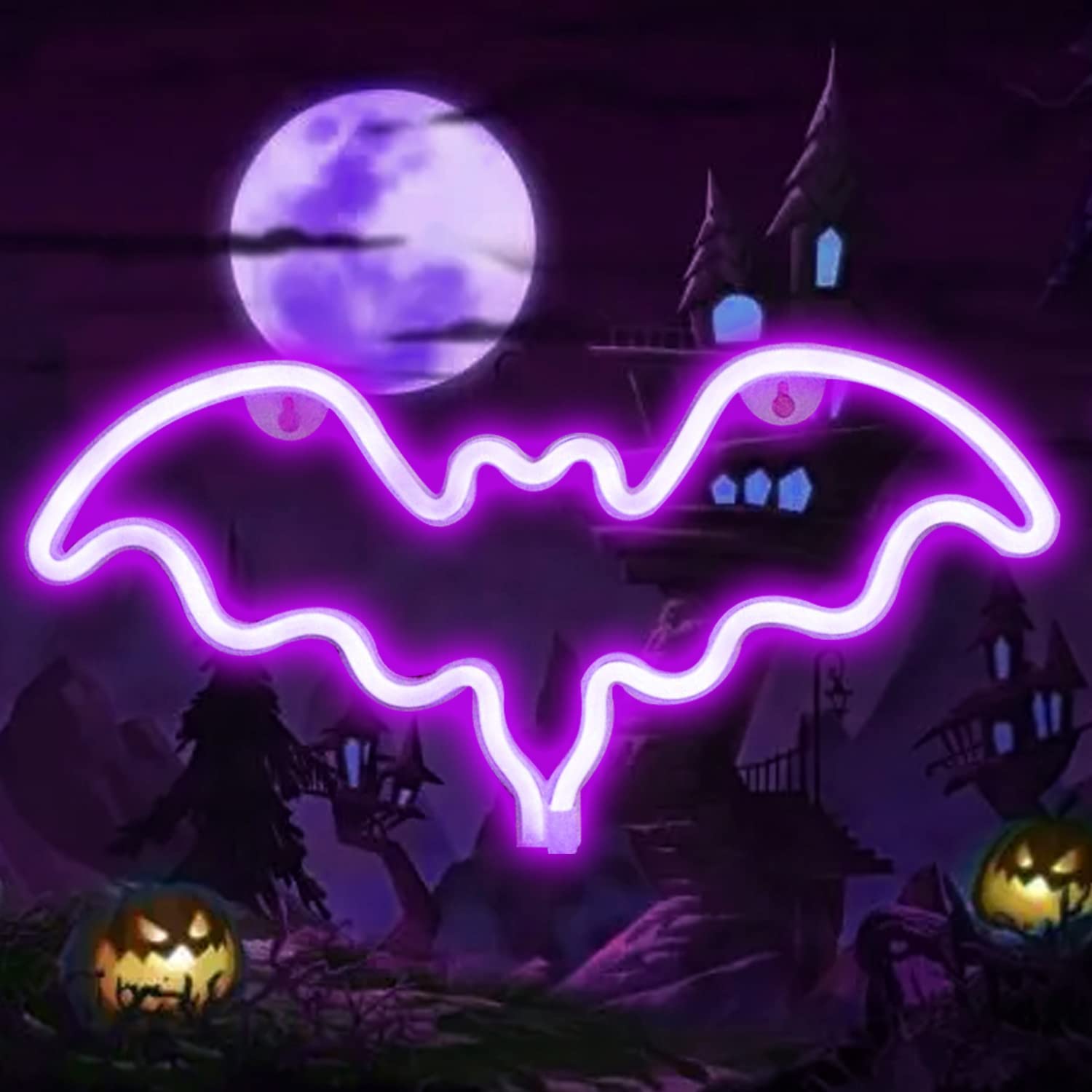 Vicila LED Neon Bat Sign, Purple Gothic Desk Lamp, Battery Operated, 39.4in x 7.1in, Halloween Decor