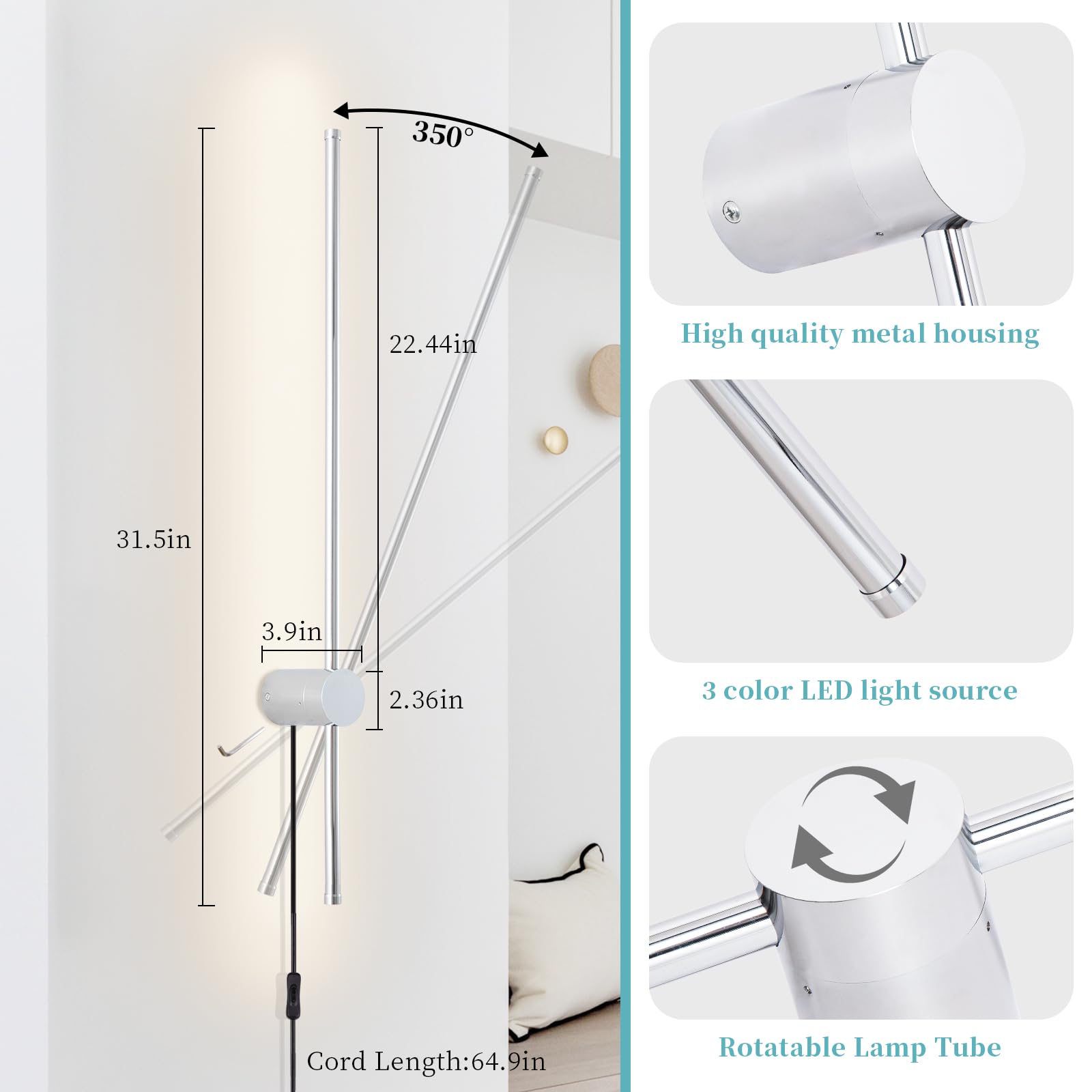 Keluoly Modern Chrome Plug In Wall Sconce With Remote, Dimmable 31.5" Led Wall Sconces Set Of Two With Memory Function, Adjustable Color Temperature Brightness, Timer, 350° Rotate, Hardwire Or Plug-In