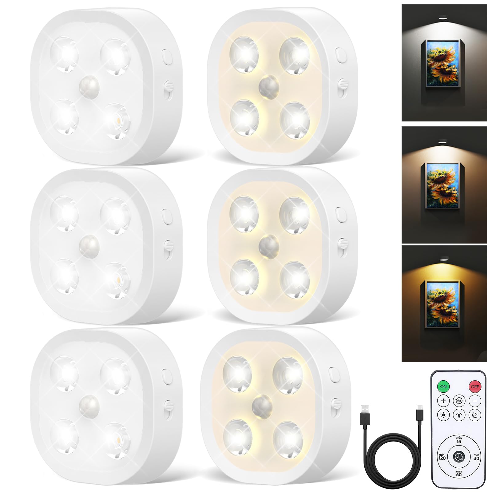 Motion Sensor Night Light, 1500Mah Rechargeable Puck Lights With Remote, Stair Lights Indoor With 3 Colors Temper, Magnet Stick On Lights For Closet, Hallway, Stairway, Bathroom, Bedroom, Kitchen(6P)