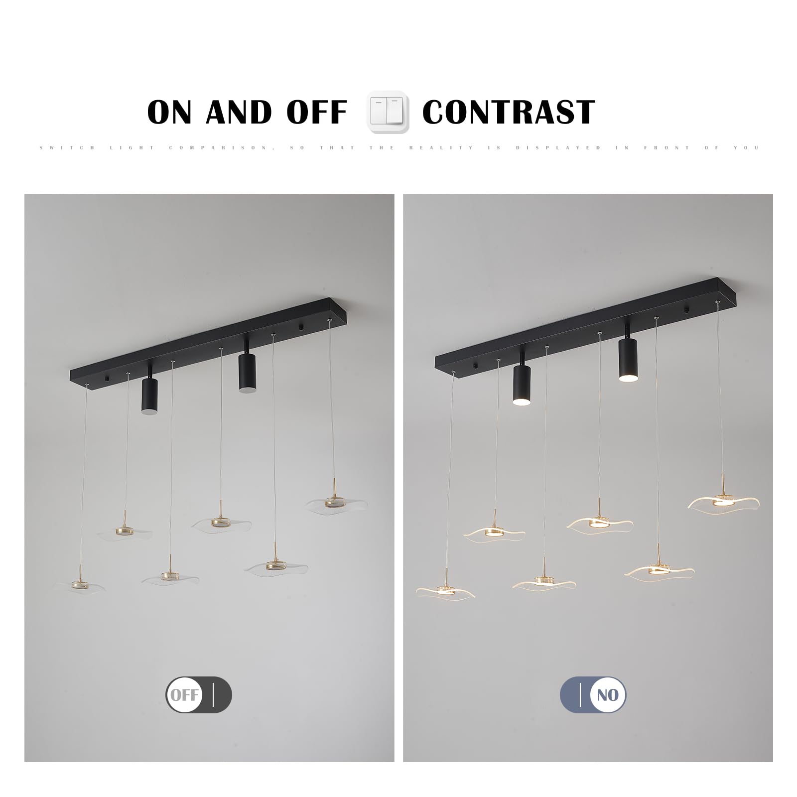 Siittoo 40in Modern Dimmable LED Chandelier, Adjustable Height, 6-Light Acrylic Pendant Light, Transparent/Black Petal, Remote Control