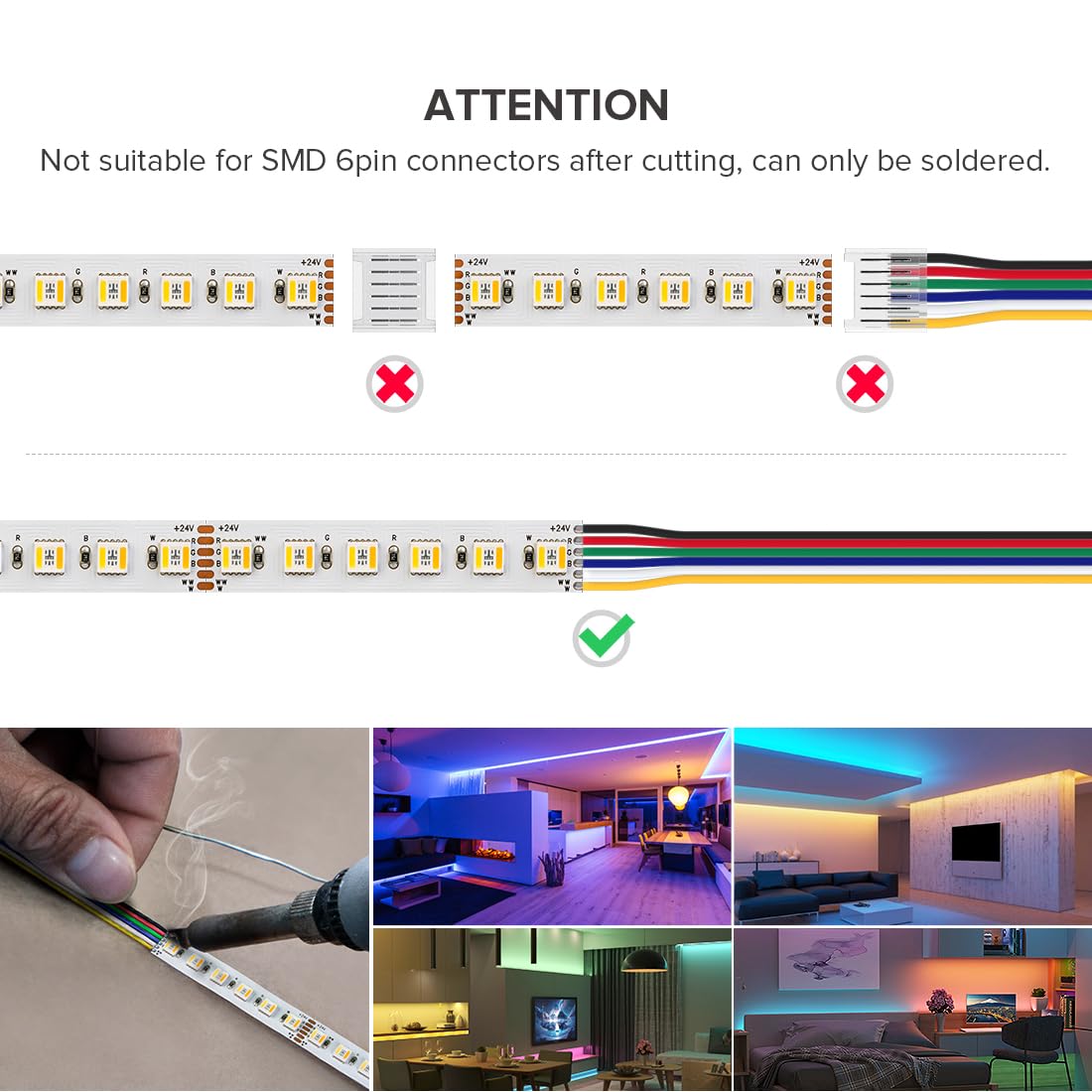 BTF-LIGHTING LED Tape Lights 5050SMD RGBWW Dimmable 16.4ft 480LED White PCB DC24V Model HD-24V-5050-5