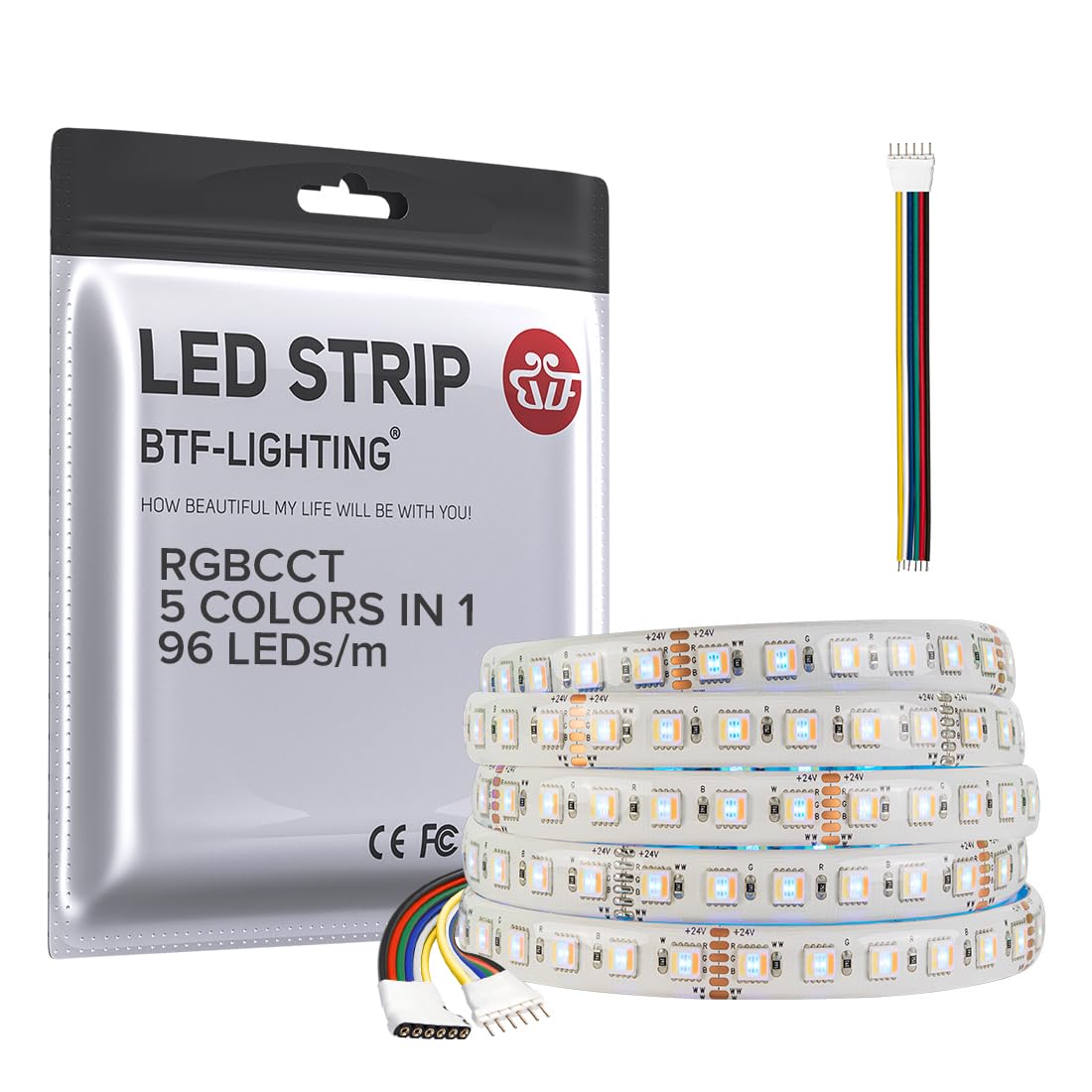 BTF-LIGHTING RGBCCT 5 Colors in 1 LED Tape Lights 5050SMD RGBWW RGB+Dimmable Color Temperature 2700K-6500K 16.4ft 96LED/m 480LED