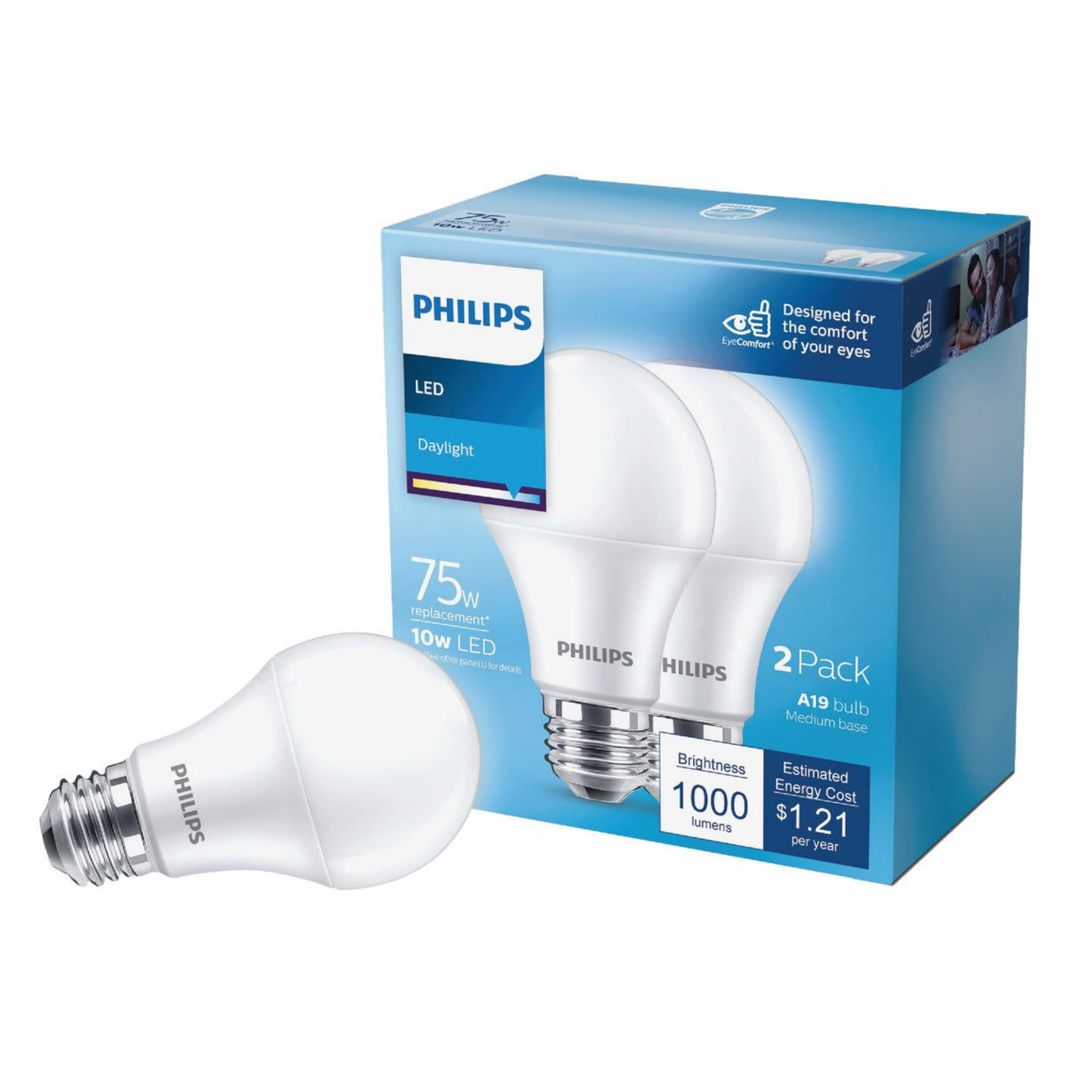 Philips Led Frosted Dimmable A19 Light Bulb - Pack Of 2 - Eyecomfort Flicker Free - 12.2W=75W - 1100 Lumen - Daylight (5000K) - 