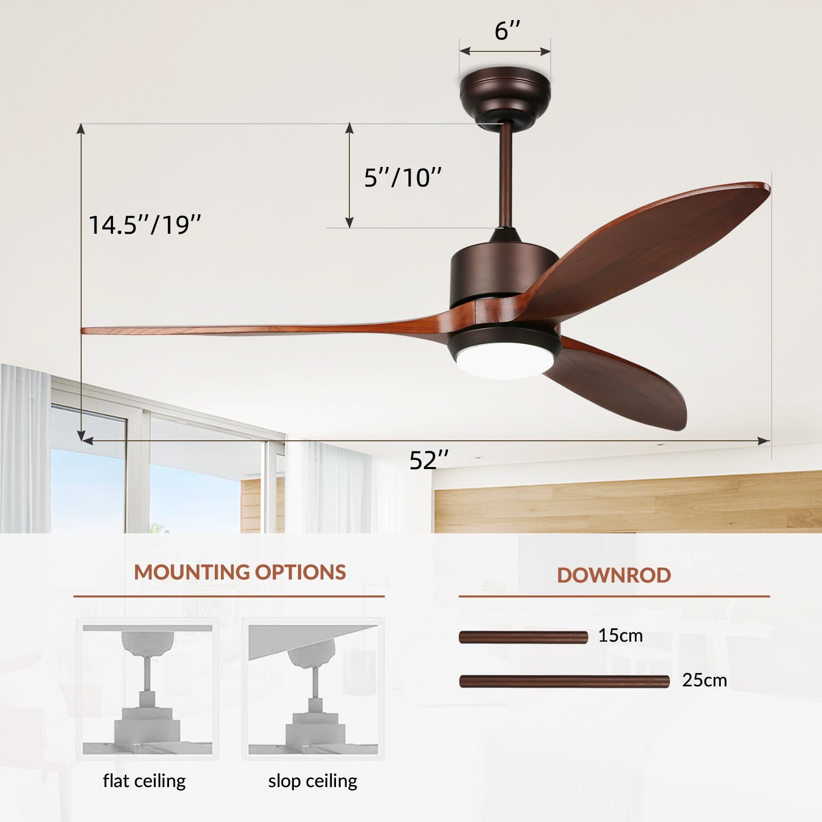 Reiga 52 Inch Smart Wood Ceiling Fan with Light, Remote Control, Quiet DC Motor, Walnut Finish, Model 52YFT-801L