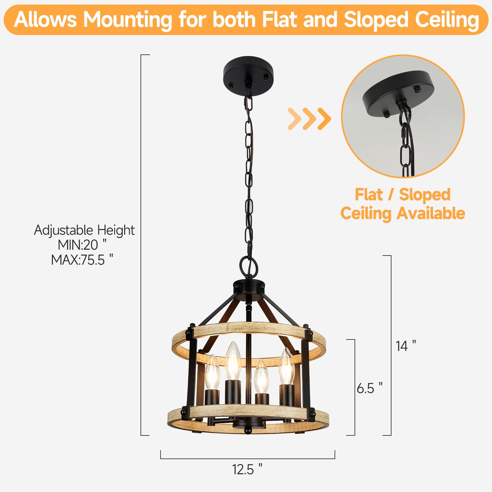 12.5'' Farmhouse Chandelier Light Fixtures, 4 Light Rustic Drum Chandeliers, Black+Wood-Look Finish Metal Industrial Chandelier