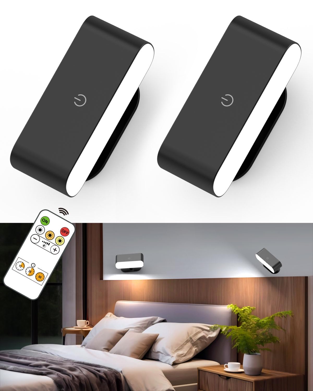 Battery Operated Wall Sconce Set of 2, Rechargeable LED Wall Mounted Light with Remote Control, Stick On Magnetic Wall Lights fo
