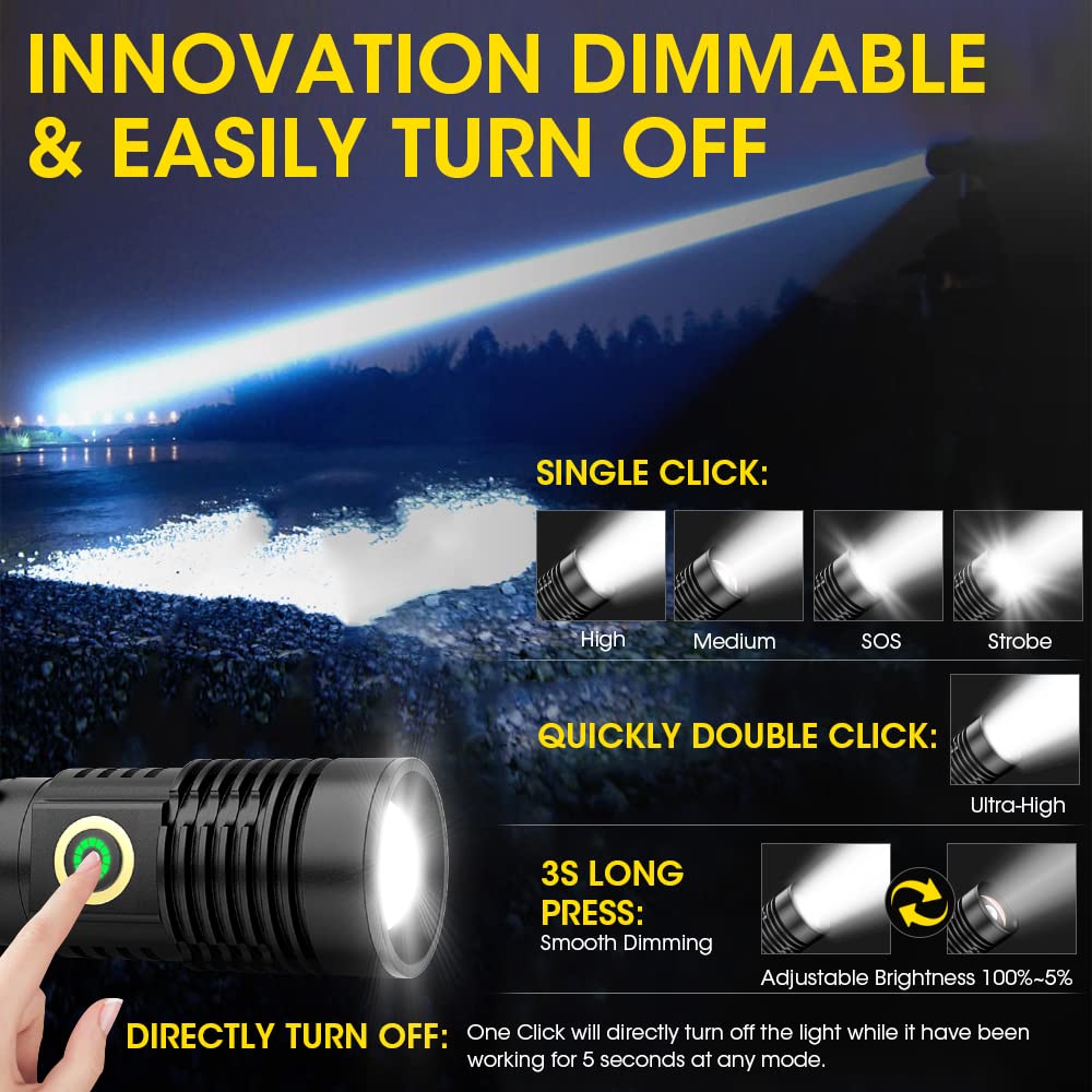 Rechargeable Flashlight High Lumens, 12000 High Lumens Super Bright Flash Light, 1500 Meter Long-Range Zoomable LED Flashlights
