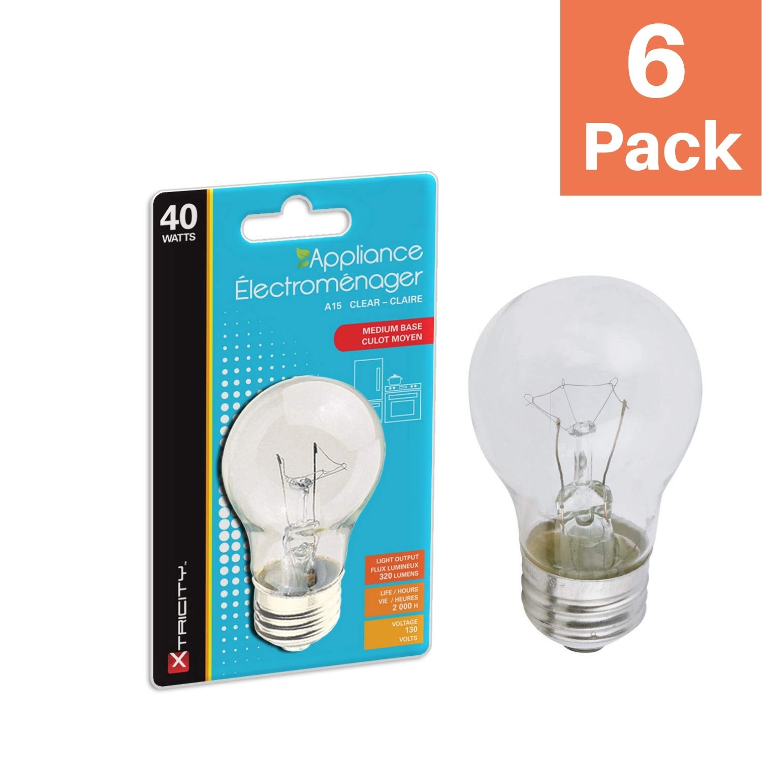 Xtricity Clear A15 Incandescent Appliance Light Bulb, 40 Watt, 2700K Soft White, E26 Medium Base, 320 Lumens, 130V (6 Pack)