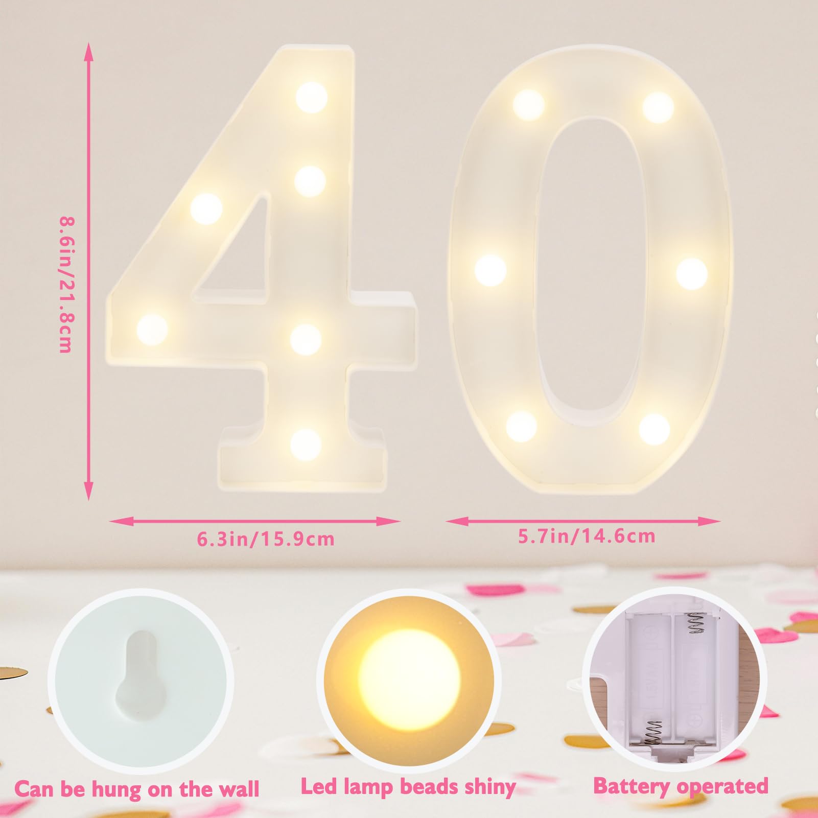 IFDGCTK LED Light Up Numbers for 40th Birthday Decorations, Warm White Color, Model IFDGCTK