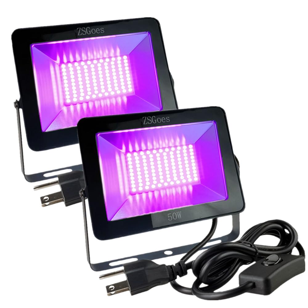 Zsgoes 2 Pack 50W Uv Ultraviolet Black Light 110Vac For Halloween Blacklight Party  Stage Lighting  Fluorescent Body discomfort-reducingt  Glow In The Dark  Fishing  Uv Glue Curing  Screen Printing  Us Plug Switch