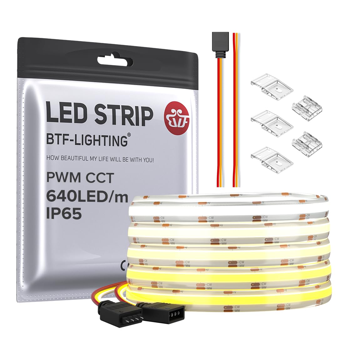 BTF-LIGHTING COB LED Strip Light 16.4FT IP65 Flexible Tunable 3000K-6000K CRI 90+ DC12V
