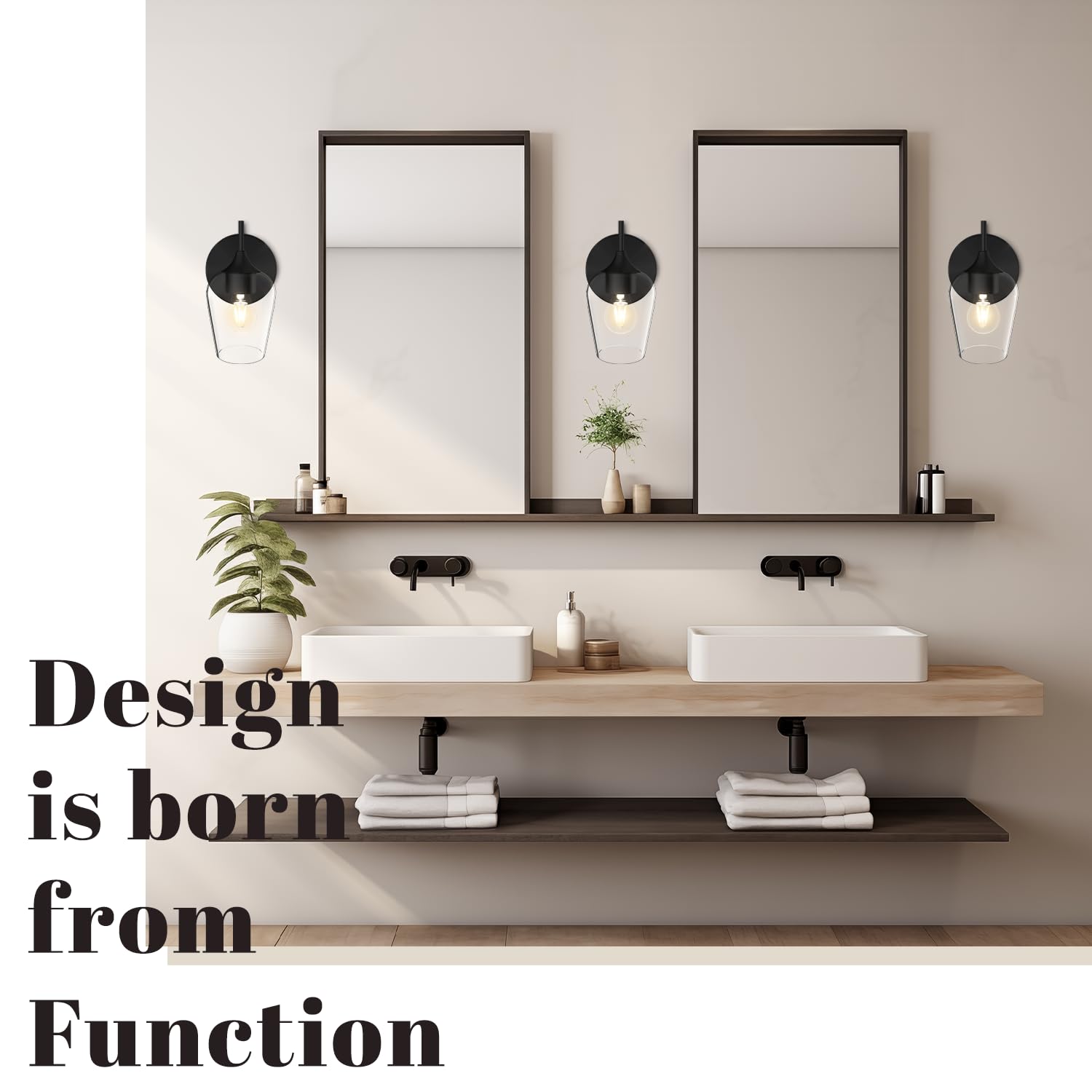 Hamilyeah Black Wall Sconces Set Of Two, Farmhouse Sconces Wall Lighting Hardwired, Bathroom Vanity Lighting With Clear Champagne Glass Shade, Indoor Wall Lamp For Kitchen Stairway Living Room