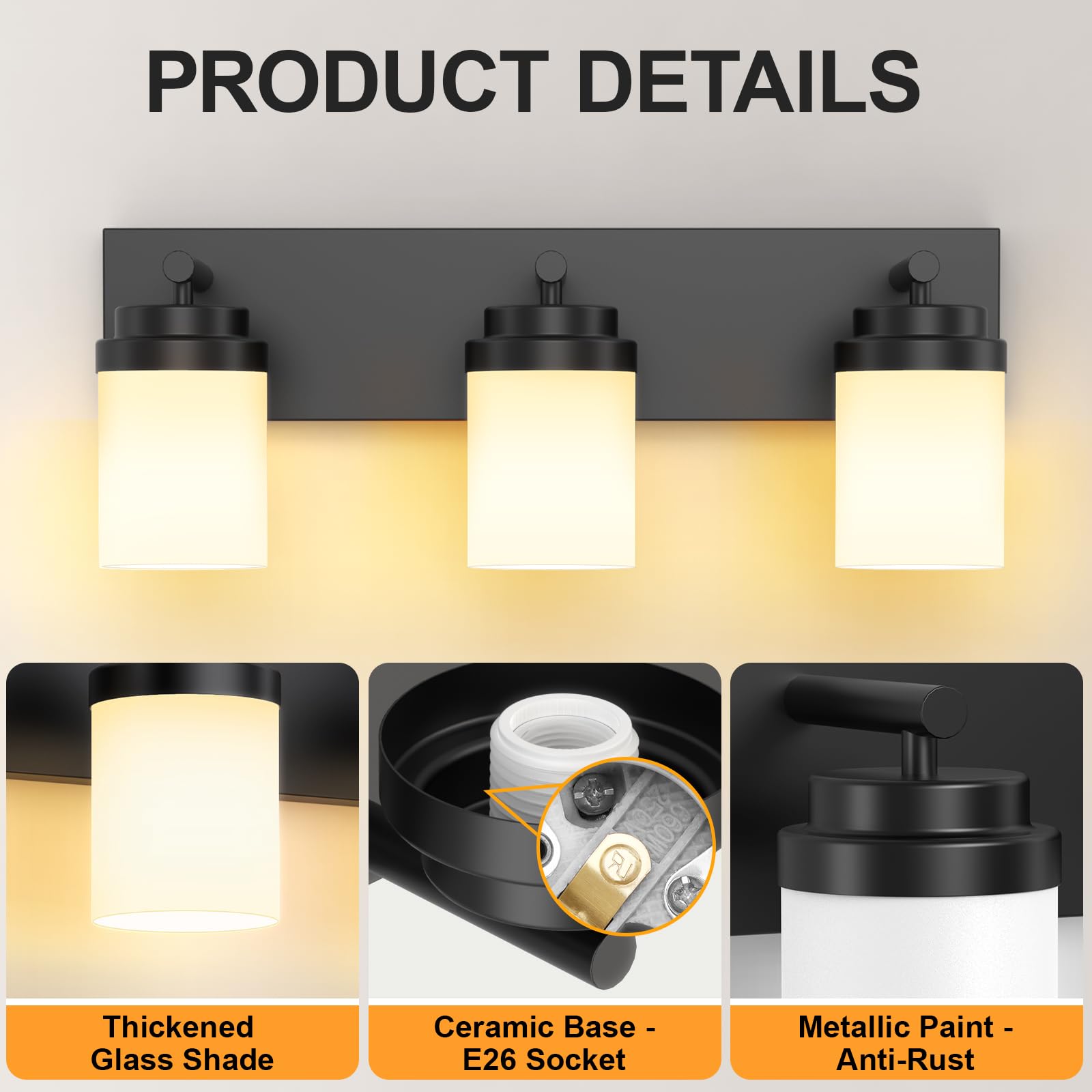 IZORRO 3-Light Bathroom Vanity Light Fixture, Matte Black with White Glass Shade, Modern Farmhouse Design, Model HL101