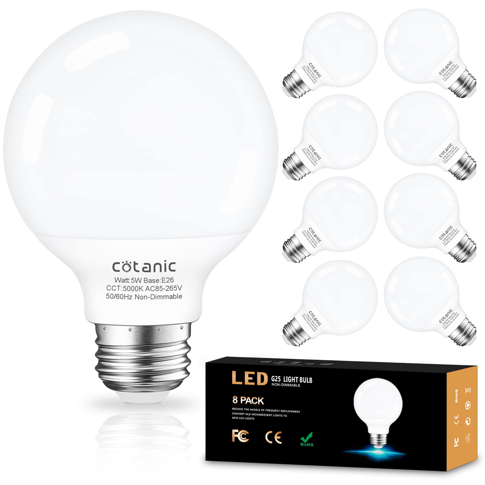 Cotanic 5000K Daylight Globe Light Bulbs, E26 Standard Base, 5W(60 Watt Equivalent Incandescent Replacement), 500Lm, Non-Dimmabl