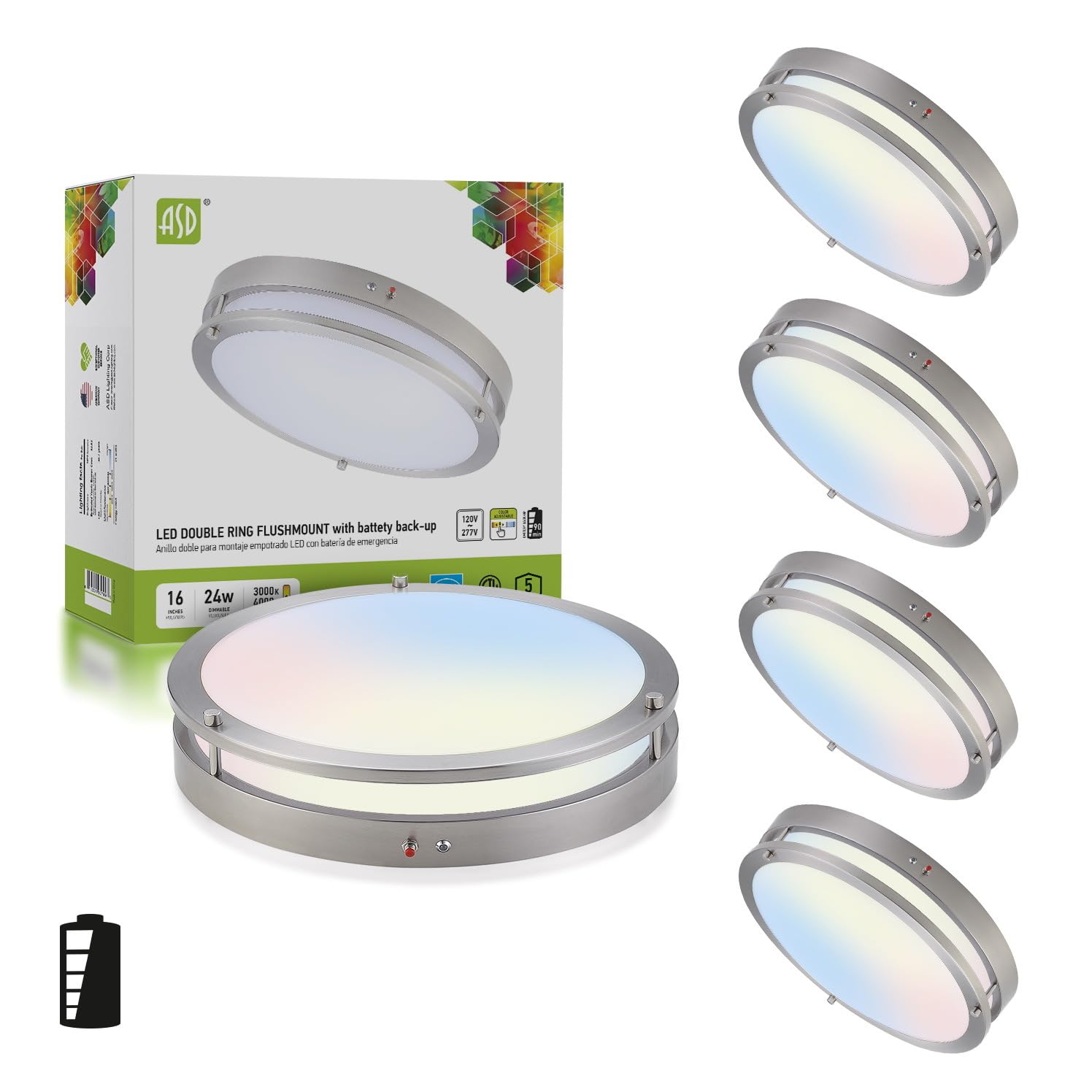 ASD LED Flush Mount Light Fixture, 24W 2150LM, 3CCT Dimmable, 16 Inch, Brushed Nickel, 4 Pack, Model A-DR-M