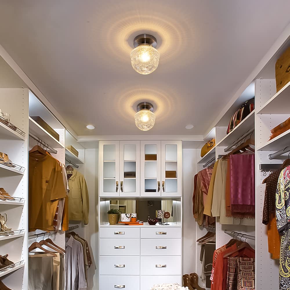 Dsmjfu Brushed Nickel Semi Flush Mount Ceiling Light, Small Blowing Clear Glass Shade Ceiling Light Fixtures For Bedroom Closet
