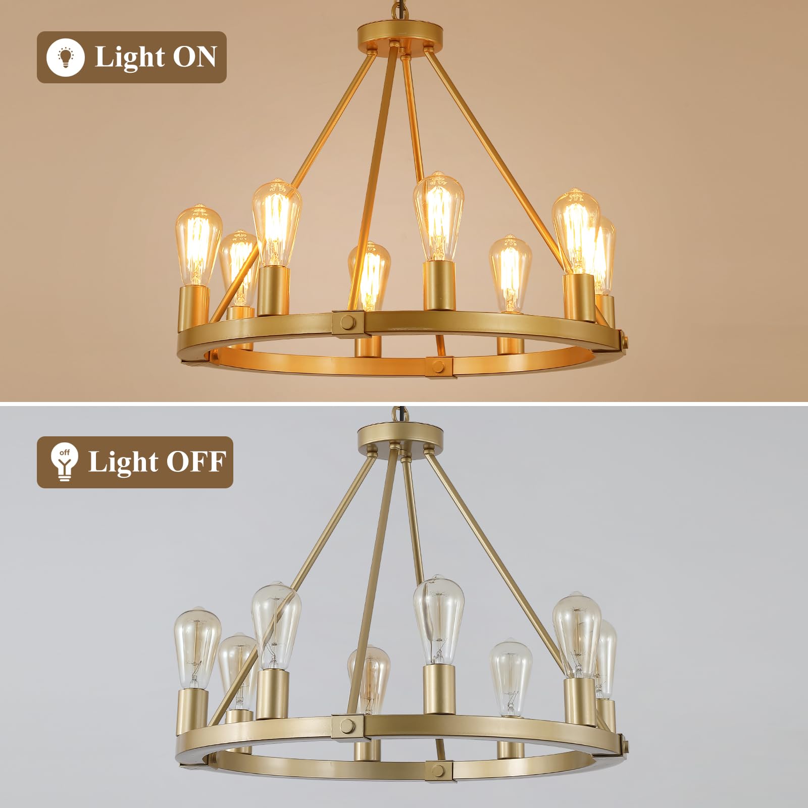 9MMML Golden Wagon Wheel Chandelier, 8 Lights, Height Adjustable, Metal, Model MA8033P8GD, Luxury Pendant Light for Kitchen, Dining Room