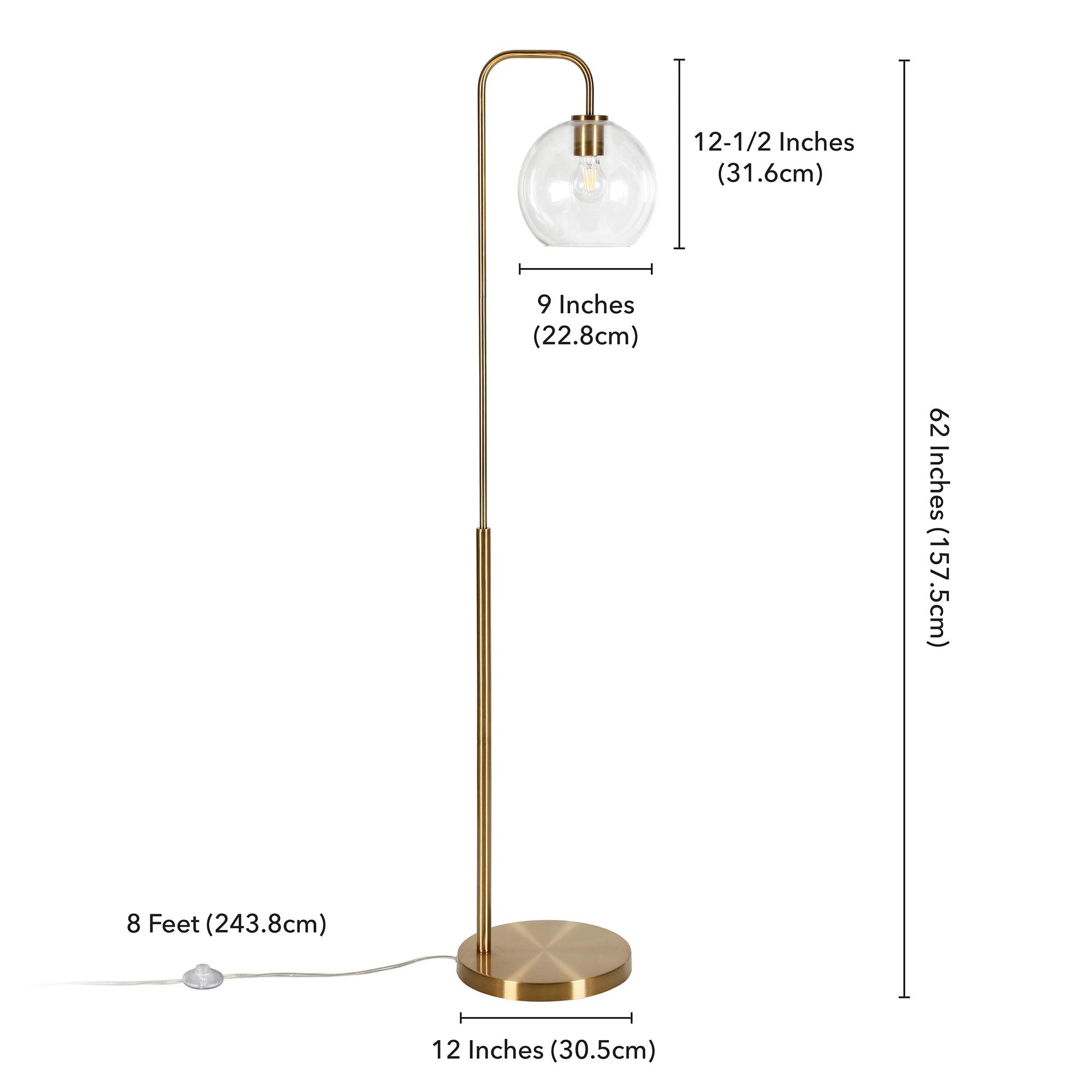 Henn&Hart Harrison Arc Floor Lamp, 62in Tall, Brass/Clear, Model FL0294