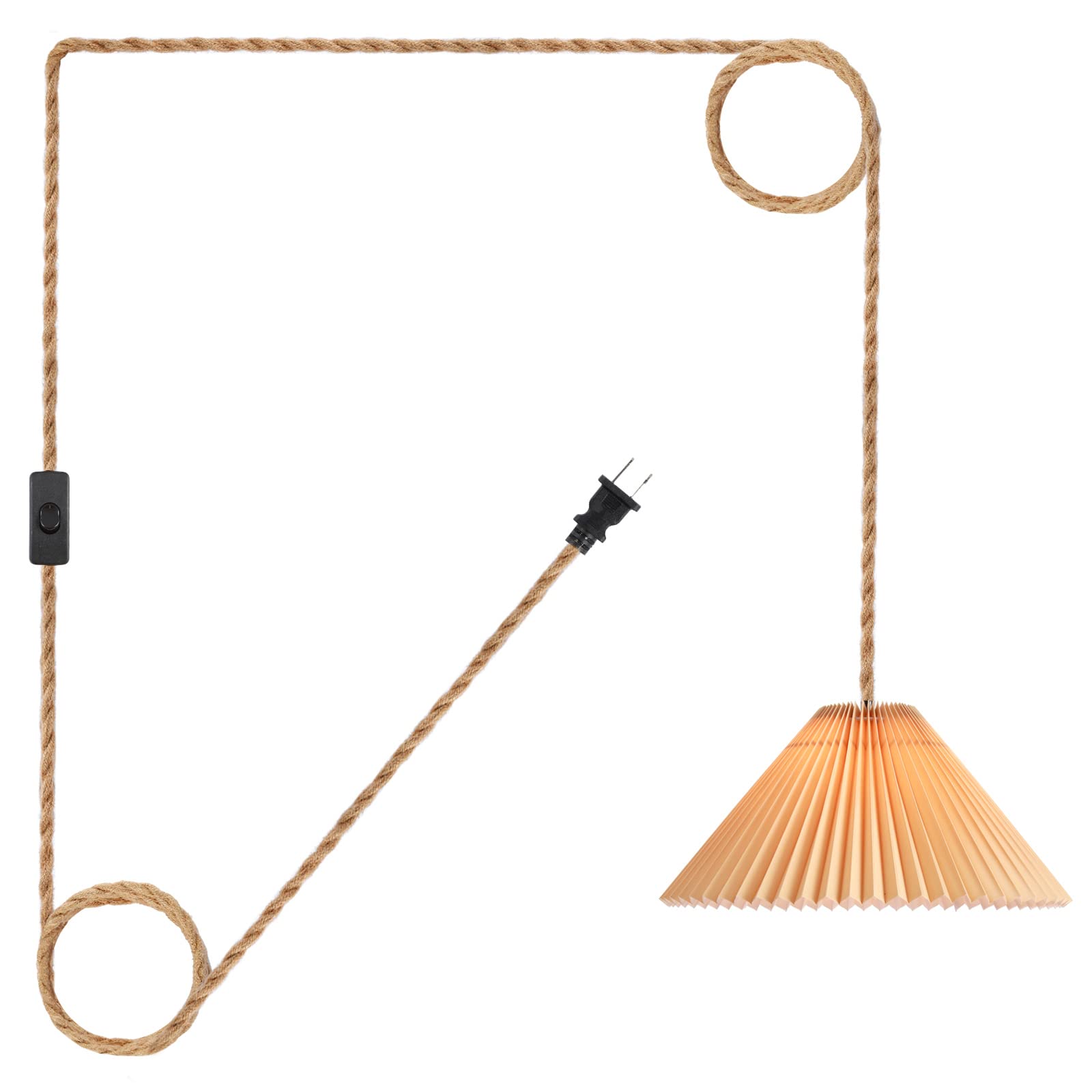Aomicron Plug In Pendant Light,Hanging Light With15Ft Hemp Rope Cord On/Off Switch And Pleated Lamp Shade,Hanging Light Fixture