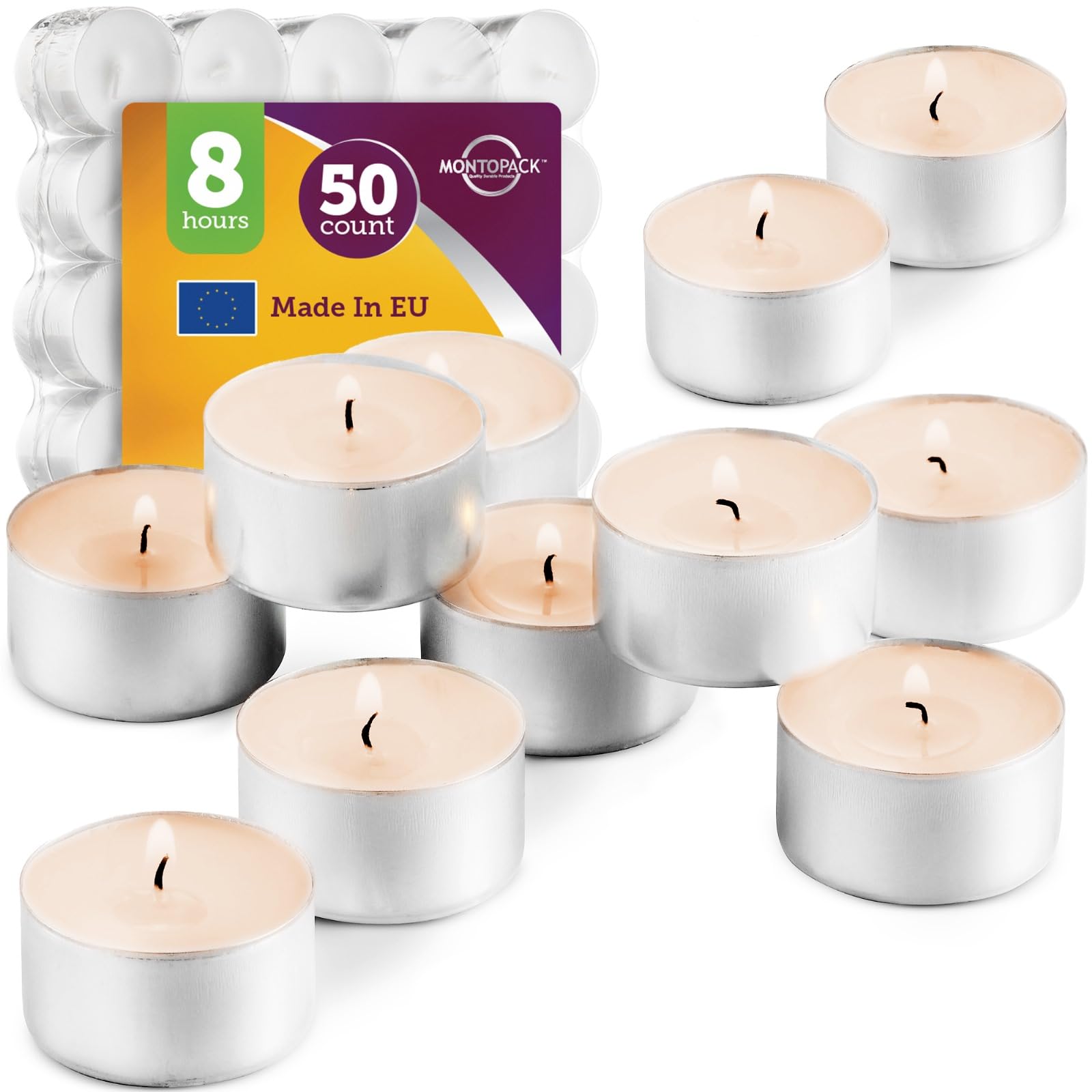 Montopack Unscented White Tealight Candles Bulk [50] | 8 Hours Of Smokeless, Dripless, Long Lasting Burning Paraffin Tea Lights | Small Votive Mini Candles For Home, Shabbat, Weddings & Emergencies