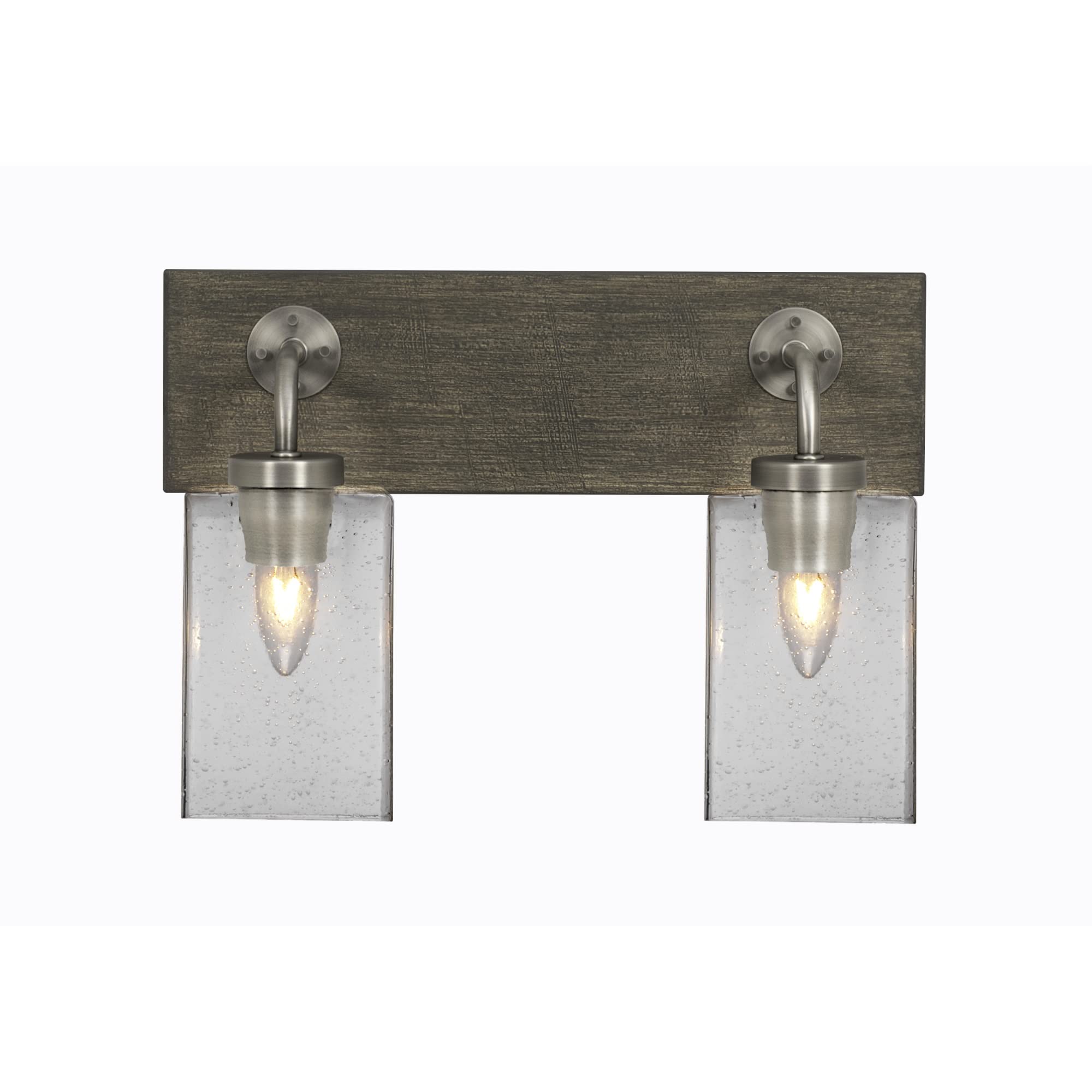 Oxbridge 2 Light Bath Bar In Graphite & Painted Distressed Wood-Look Metal Finish With 4" Square Clear Bubble Glass