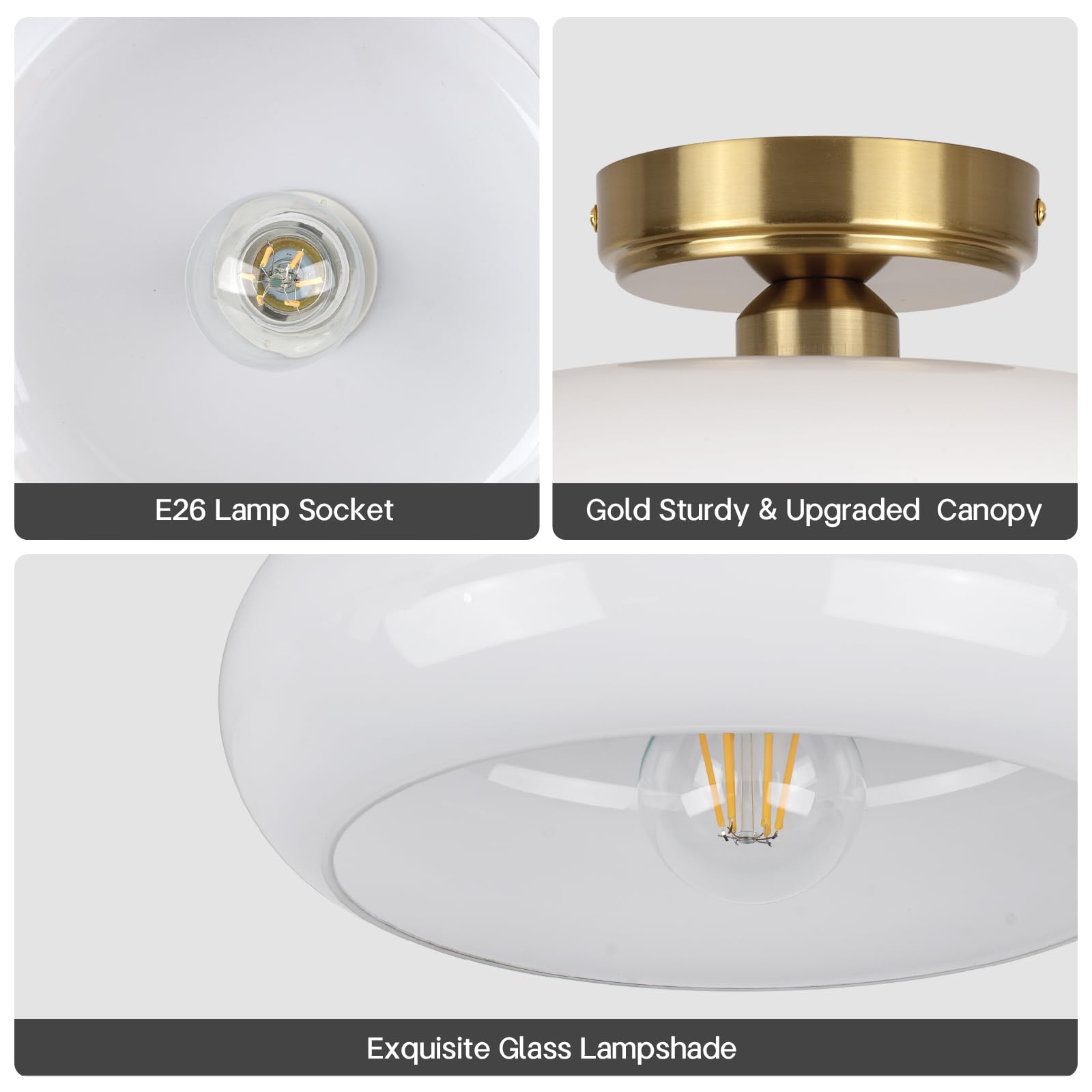 Clarsyne Semi Flush Mount Ceiling Light Fixture, 11'' Vintage Mid-Century Gold With White Milk Glass Shade, Modern Farmhouse Lig