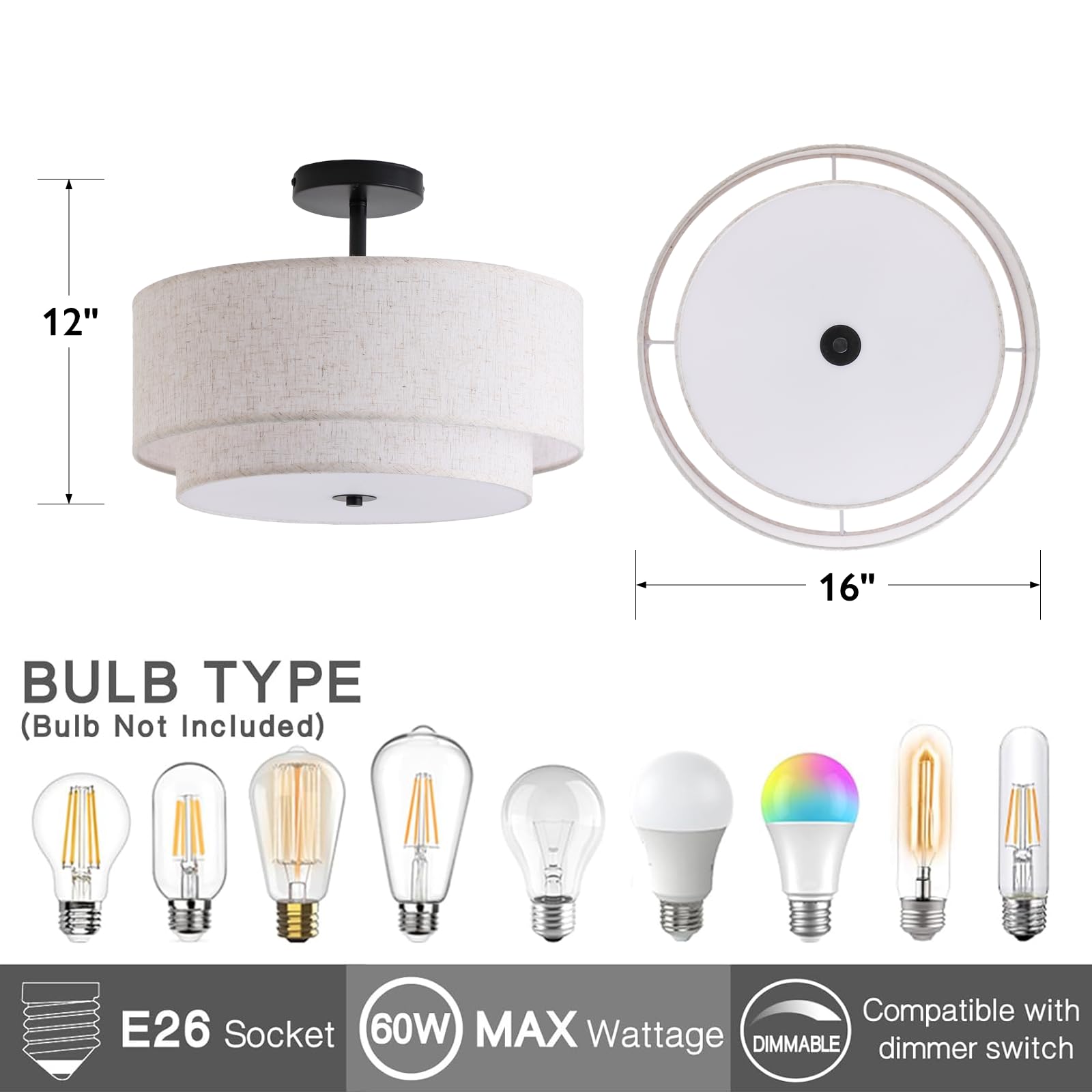 CALOKES 16" Double Drum 3-Light Semi Flush Mount Ceiling Light, Black Fabric Shade, ICL-BD-001 for Living Room, Bedroom, Kitchen, Dining Room