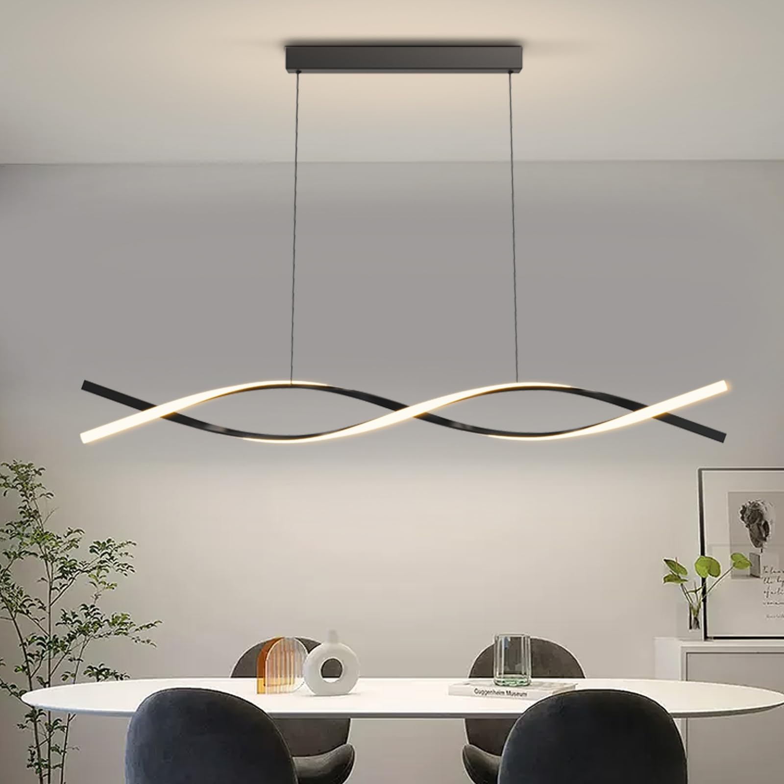 Zihoi 47in Modern Kitchen Island Pendant Light, Dimmable LED Chandelier, Black Metal, Model LX