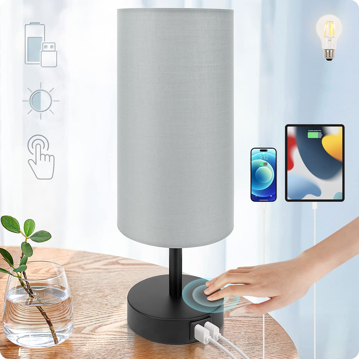 Yarra-Decor Bedside Lamp With Usb Port - Touch Control Table Lamp For Bedroom 3 Way Dimmable Nightstand Lamp With Round Grey Fabric Shade For Living Room, Dorm, Home Office (Led Bulb Included)