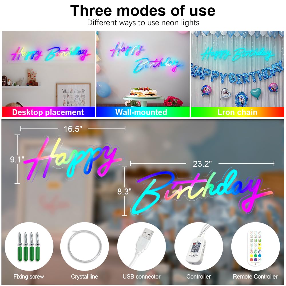 Colysor 43in Neon Happy Birthday Sign - Multi Color LED Backdrop Decoration with Remote Control