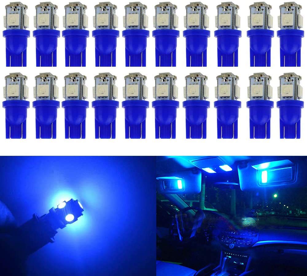 Blyilyb 20-Pack Blue Replacement Stock # 194 T10 168 2825 W5W 175 158 Bulb 5050 5 Smd Led Light 12V Car Interior Lighting For Map Dome Lamp Courtesy Trunk License Plate Dashboard Parking Lights