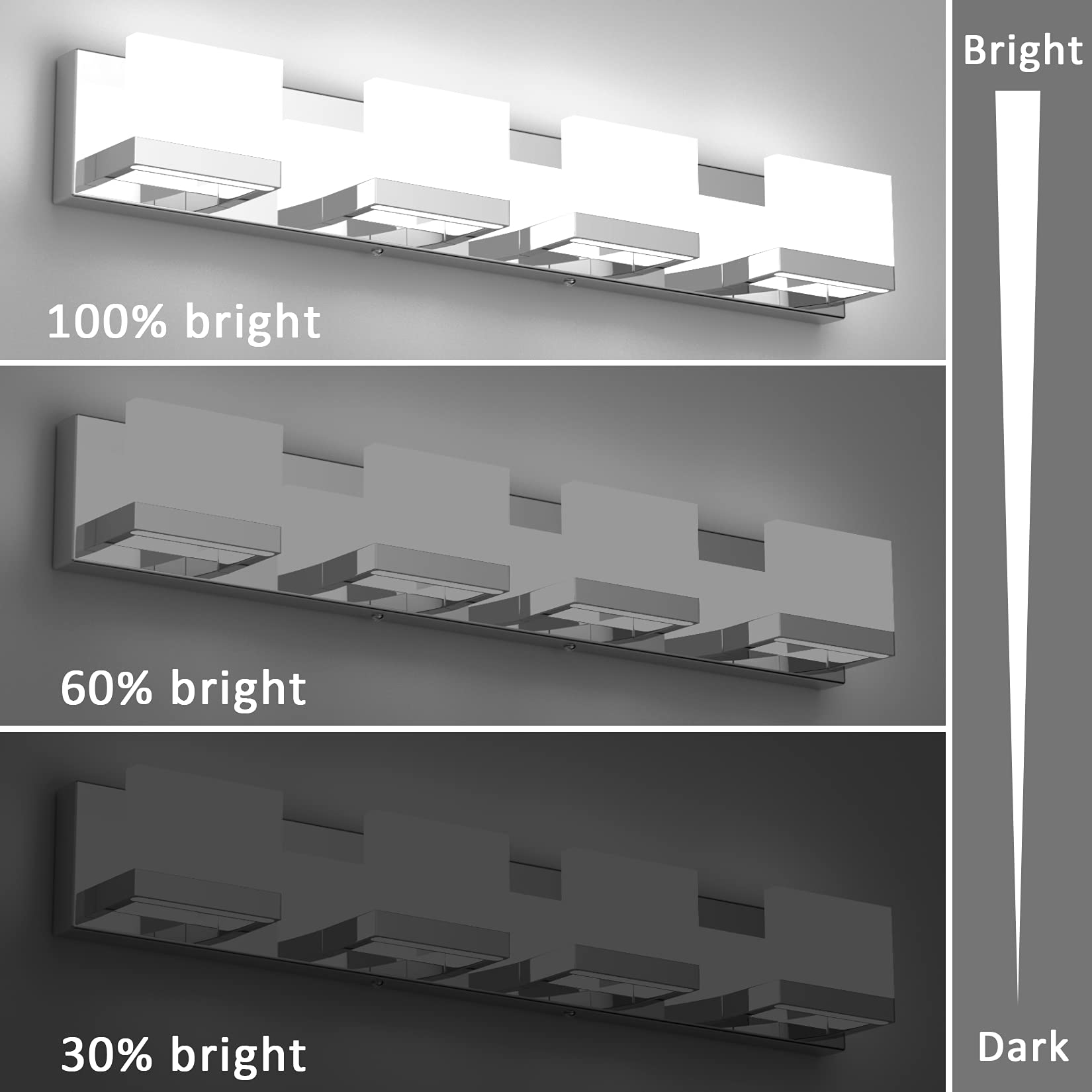 Tipace Dimmable 4 Lights LED Vanity Light Fixture - Chrome Stainless Steel for Bathroom, Model 1103, White Light 6000K