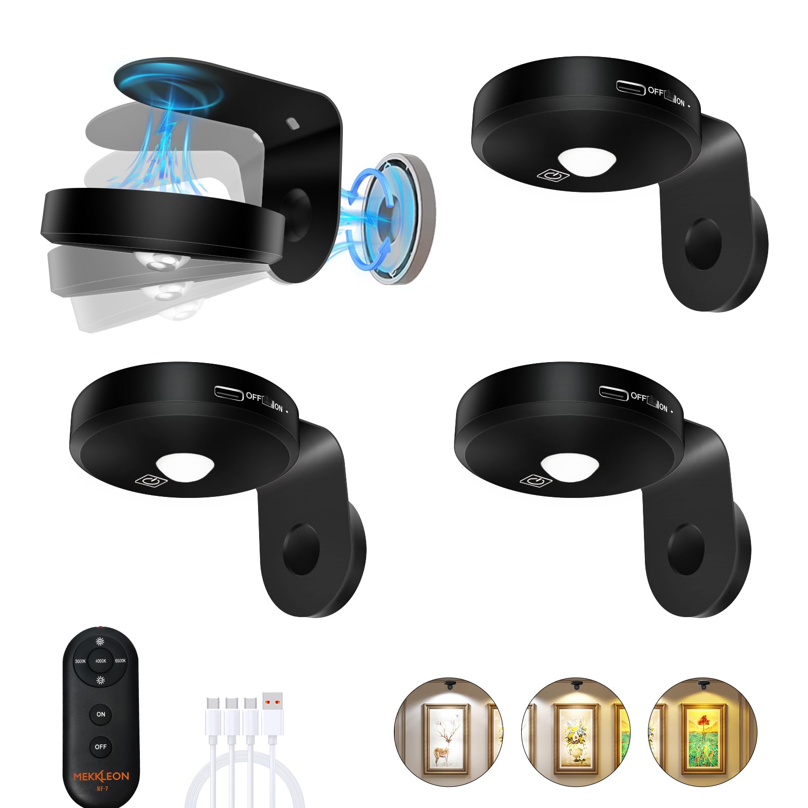 Picture Lights for Wall Wireless with Magnetic,2000mAh Rechargeable Picture Frame lights with Dimmable,Puck Lights with Remote C