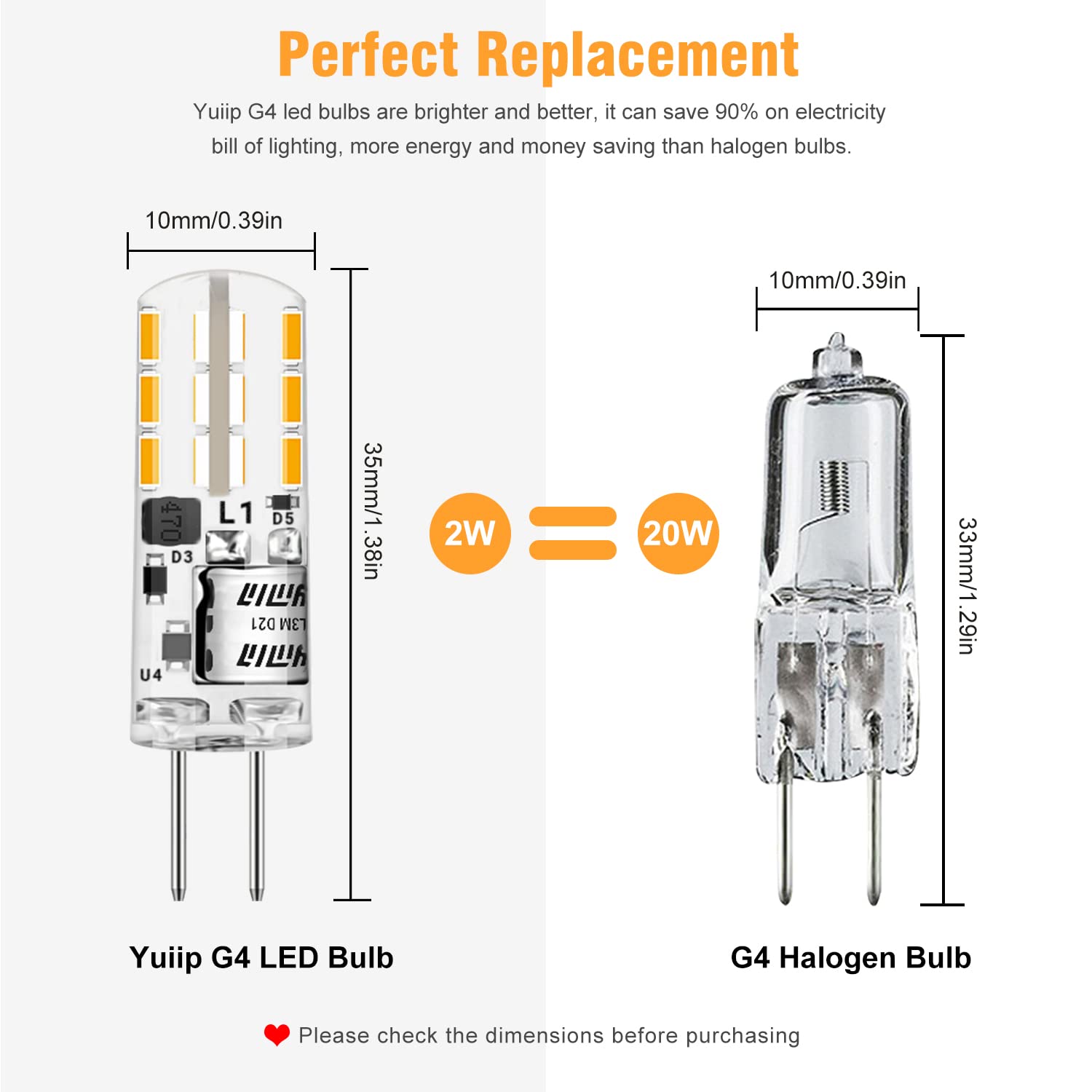 YUIIP G4 LED Bulb 2W 10W 20W Replacement for AC/DC 12V, Warm White 3000K, 8-Pack, Silicone Material