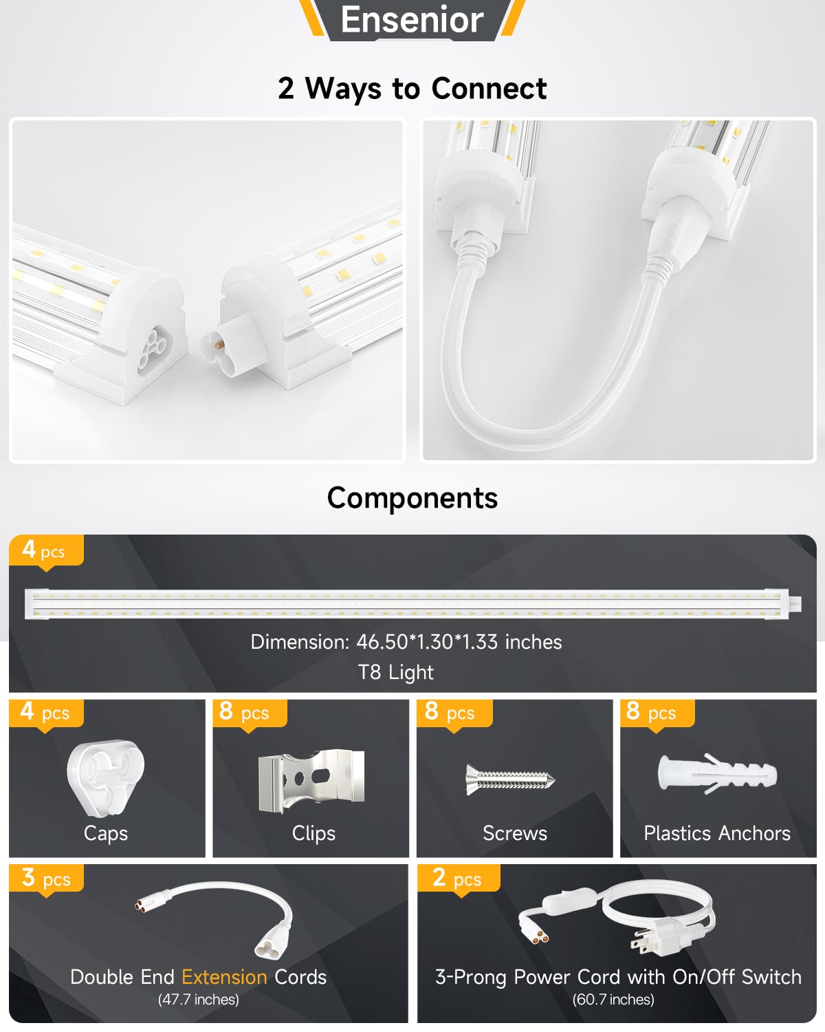 Ensenior 10 Pack 8 FT Led Shop Lights, 5000K Daylight, 10000LM Super Bright, 72W Equivalency 936W, Commercial Bay Lighting, U-Sh