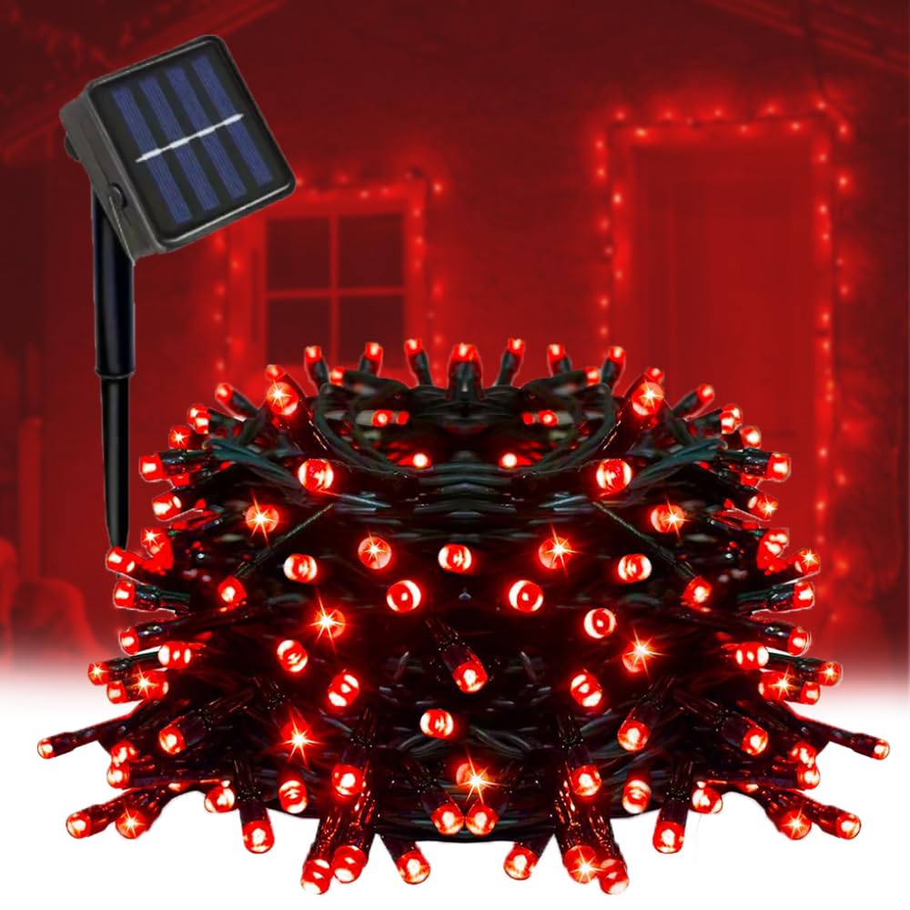 Taoushuleng Solar String Lights Outdoor with Red Light, Blackish Green Wire, 40ft 100 LED with 8 Lighting Modes for Outside,Gard