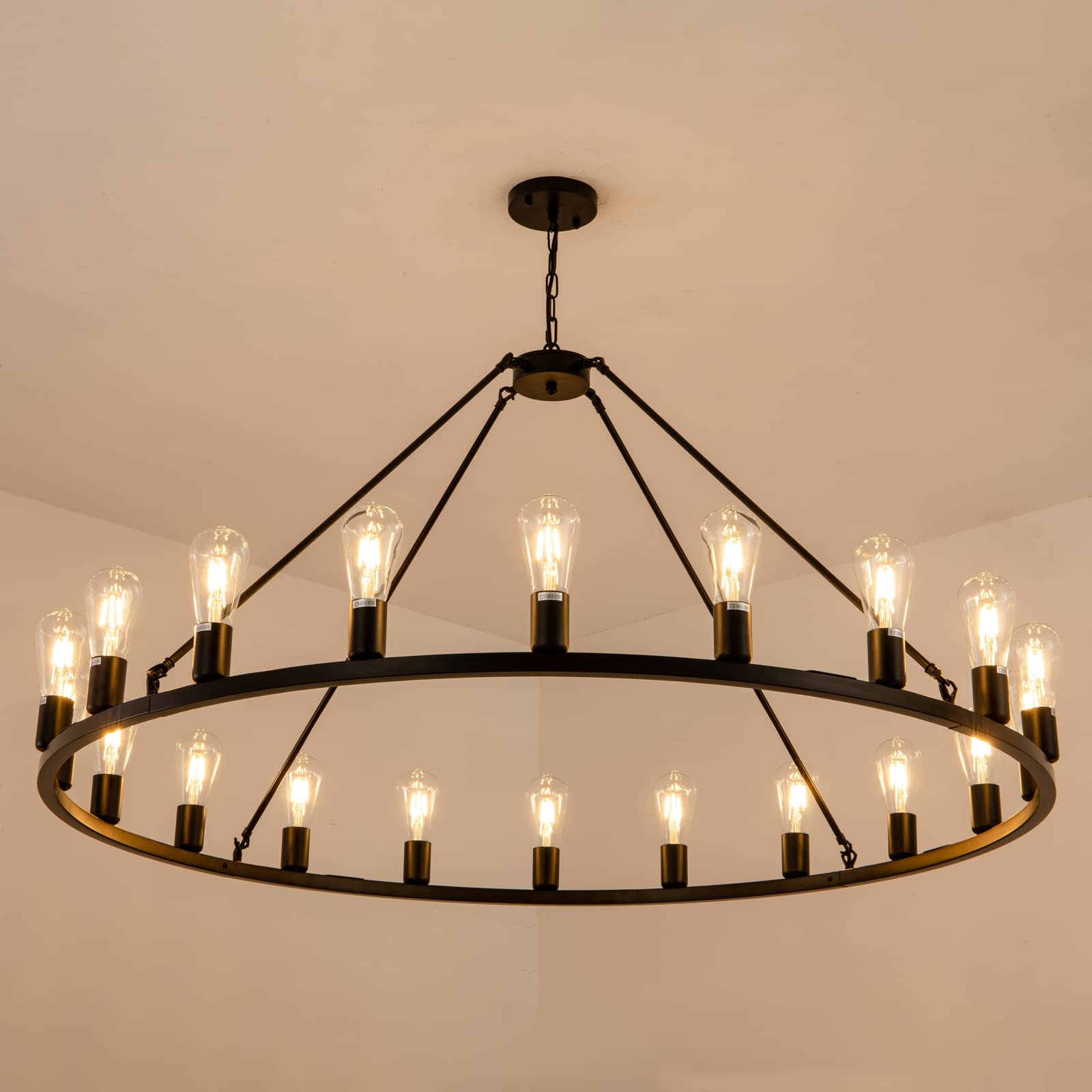Lanhall 48  20-Light Extra Large Wagon Wheel Chandelier  Round Black Rustic Farmhouse Chandelier Light Fixture for High Ceiling Living Room Dining Room Stairs Foyer- Adjustable Height Metal E26