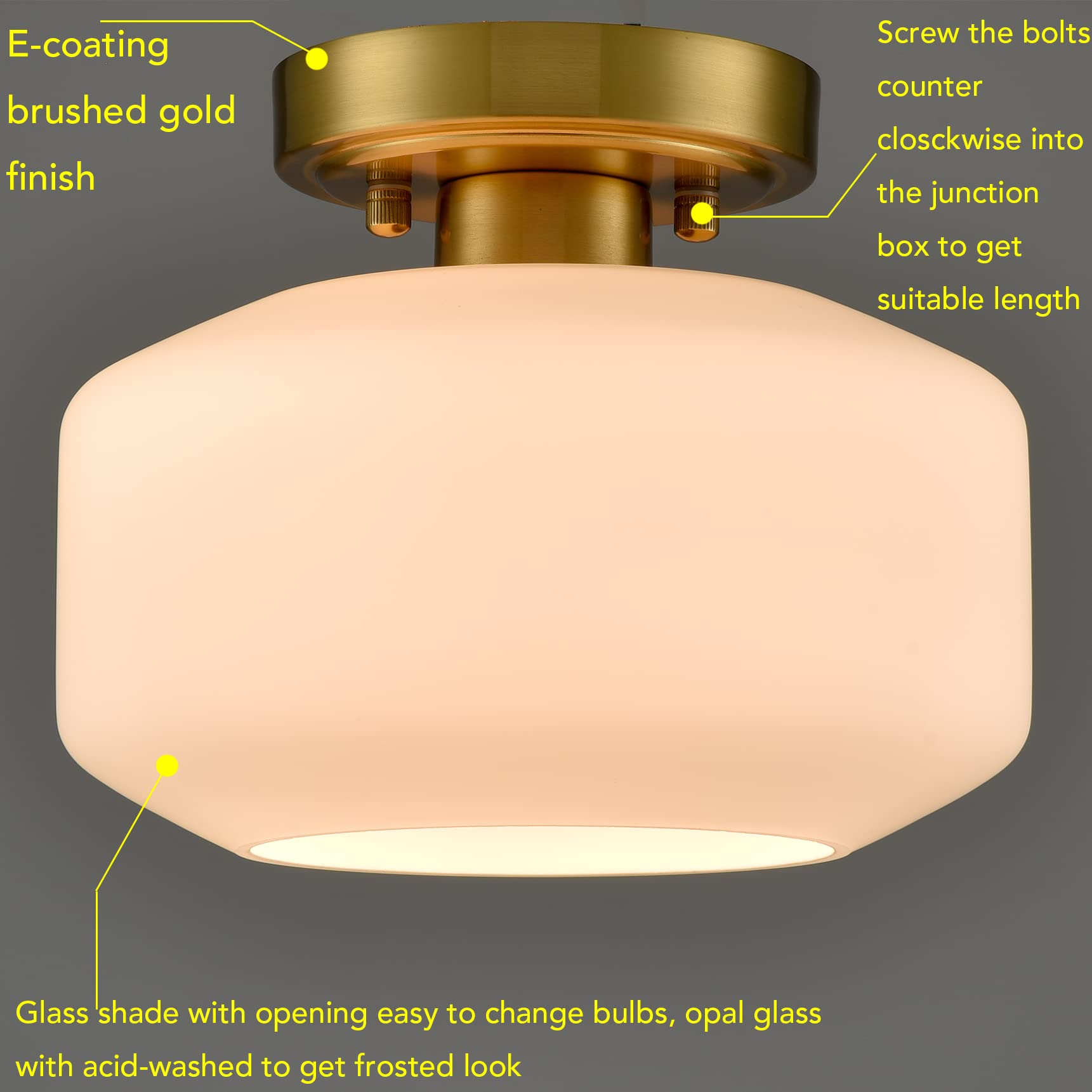 JEENKAE Modern Farmhouse Semi Flush Mount Ceiling Light Brass-Opal Metal Shade
