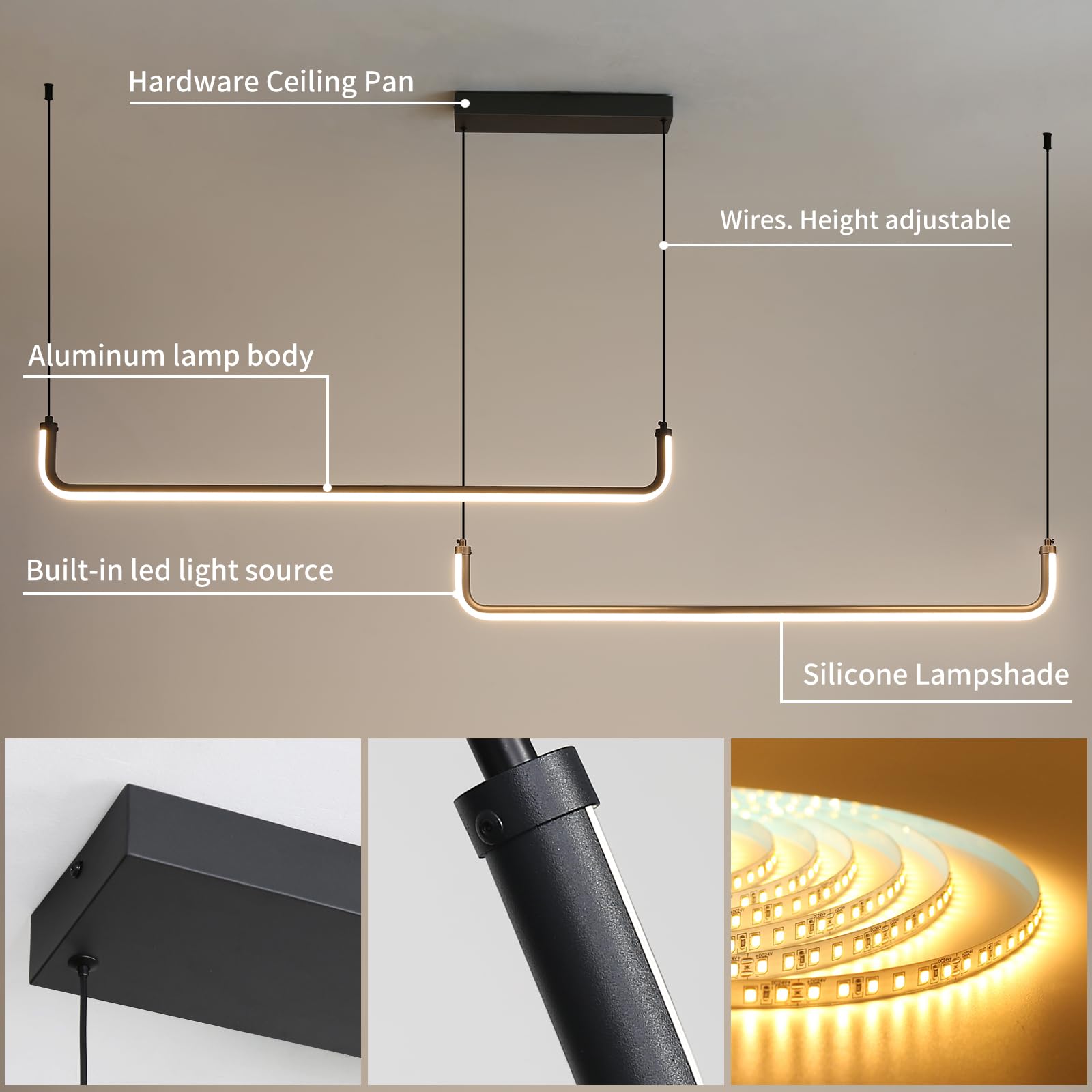 Mikeru 2-Light LED Chandelier, 79in, Aluminum, Remote Control, Adjustable Color Temp 3000K-6500K, H-Black, Model UXPJ