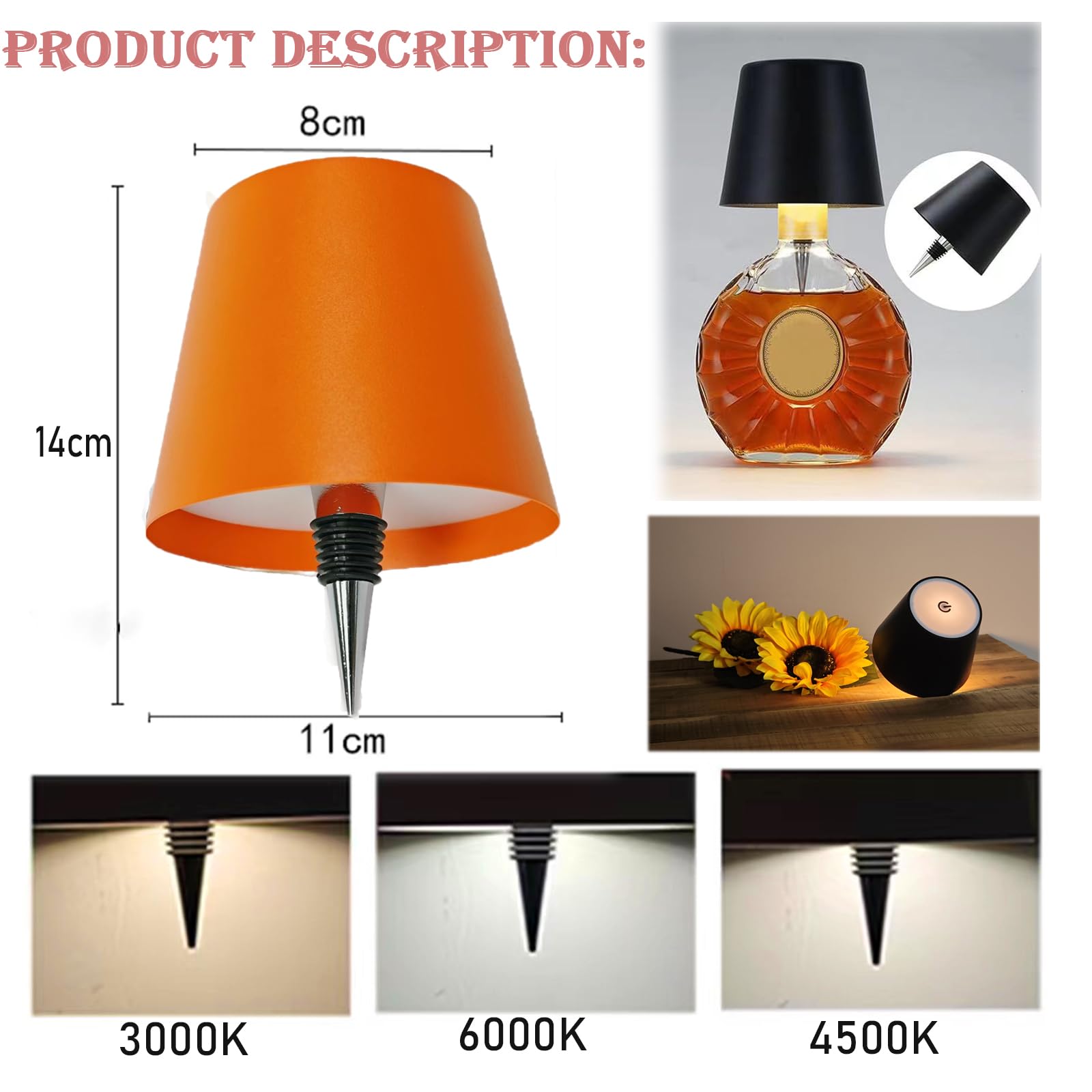 Neioaas Wireless Bottle Lamp - LED Touch Rechargeable, 3 Color Stepless Dimming, 1 Size, Orange, Model N-Bottle Lamp