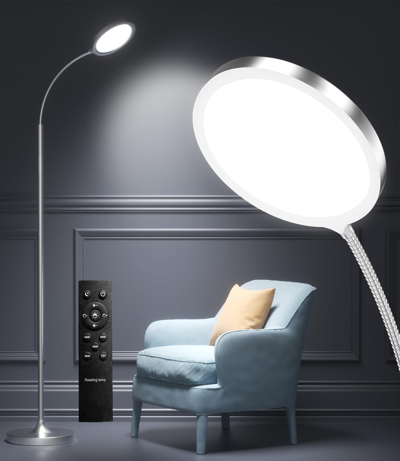 Luckystyle Silver Floor Lamp - Dimmable LED, Adjustable Gooseneck, Remote Control, Model LY-UK-06