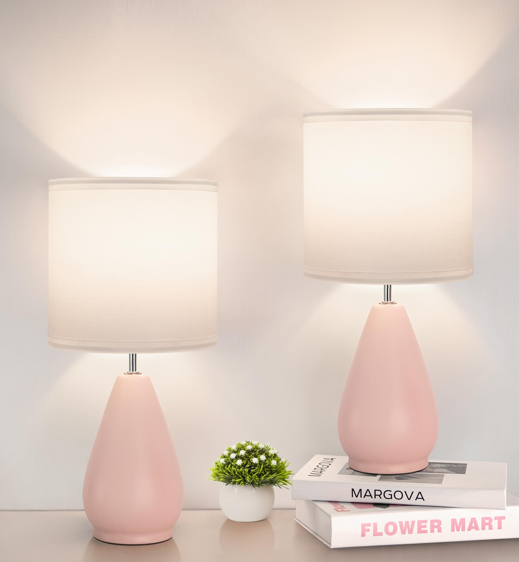 Yacoto Ceramic Table Lamps Set Of 2, Small Pink Bedside Lamps For Bedroom Modern Nightstand With 3 Color Temperatures For Living