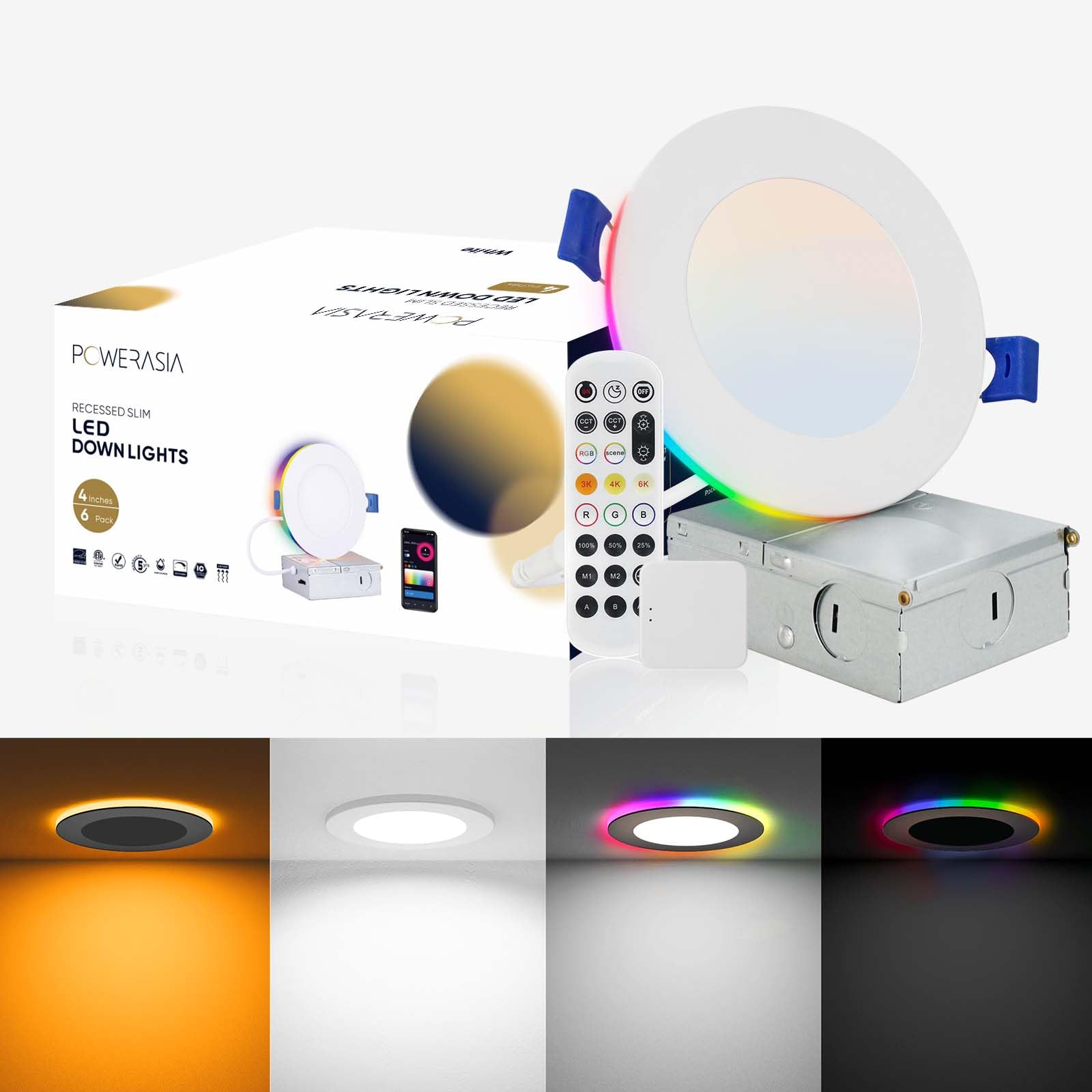 POWERASIA 6 Pack 4 Inch Smart LED Recessed Lighting with RGB Back Light, 9W 850LM Smart LED Recessed Lights with Junction Box, 2